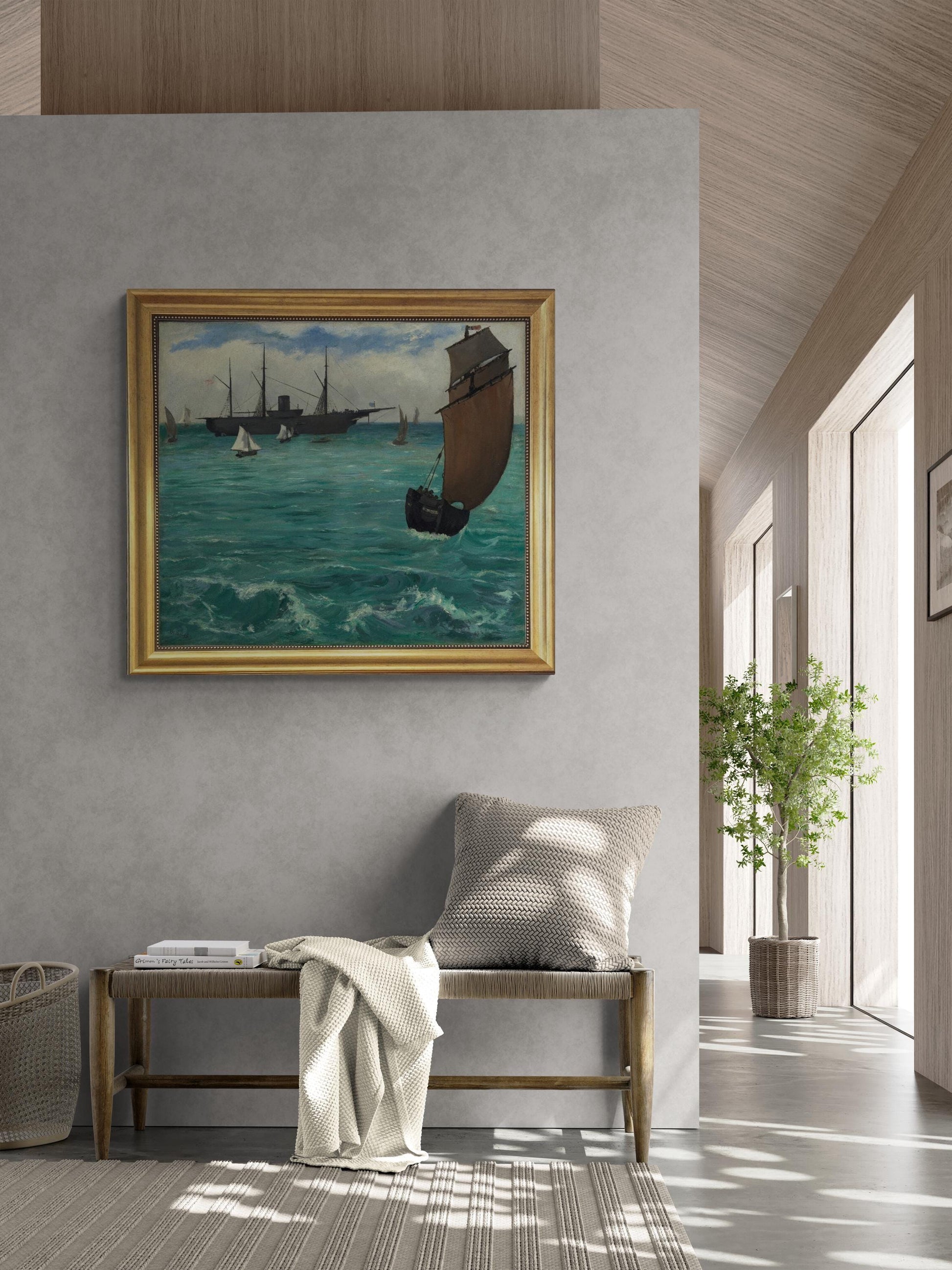 Naval Battle, Edouard Manet, Gliclée canvas hand finished premium print with brush strokes and golden vintageous frame looks like original FOSHE ART