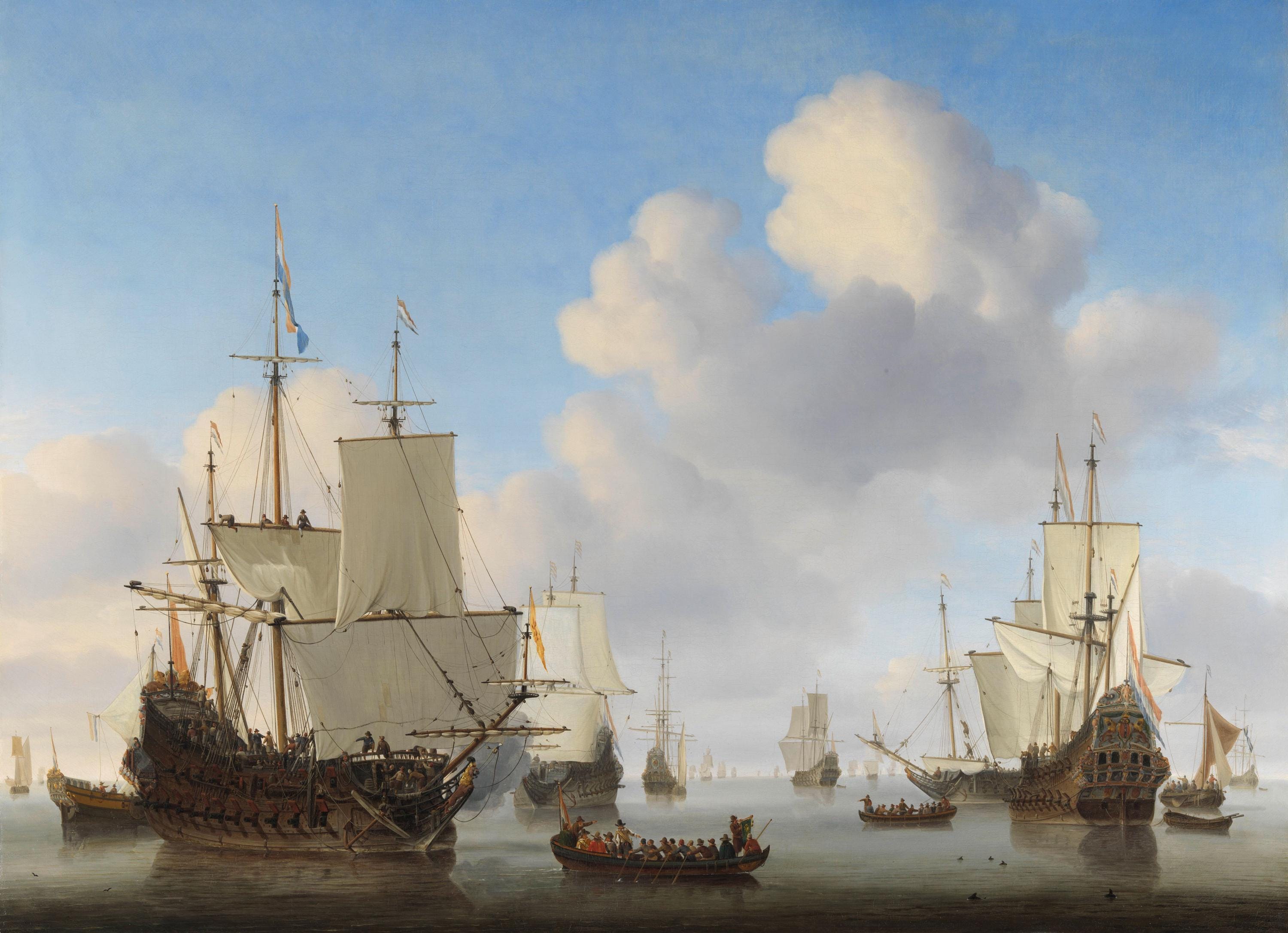 Dutchmen o' war and other shipping in a calm by Willem van de Velde II  canvas premium print with brush strokes and golden vintageous frame FOSHE ART