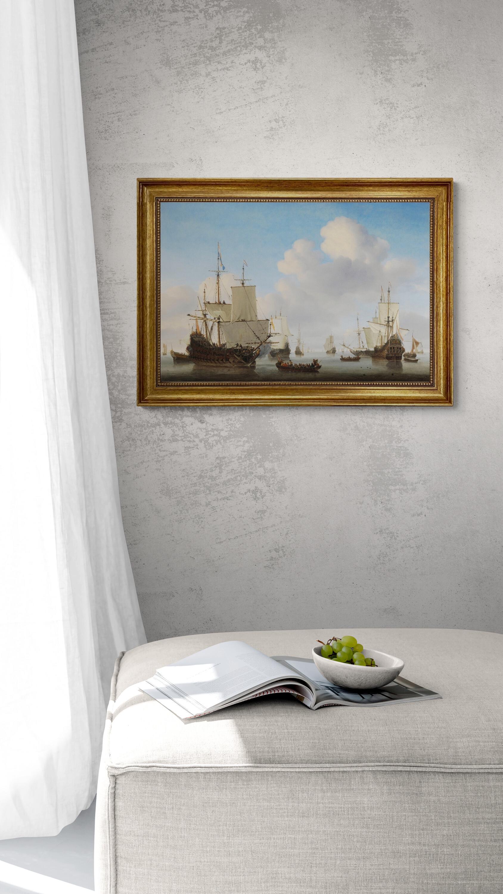 Dutchmen o' war and other shipping in a calm by Willem van de Velde II  canvas premium print with brush strokes and golden vintageous frame FOSHE ART