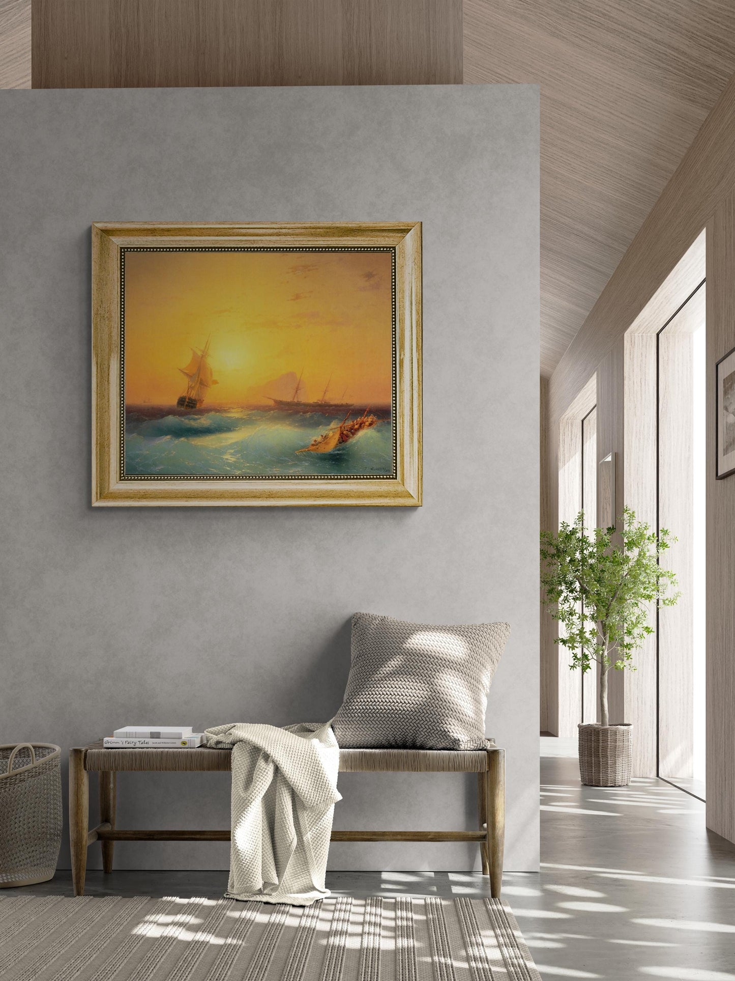 The American Ships at the Rock of Gibraltar canvas giclee premium print with brush strokes and golden vintageous frame looks like original FOSHE ART