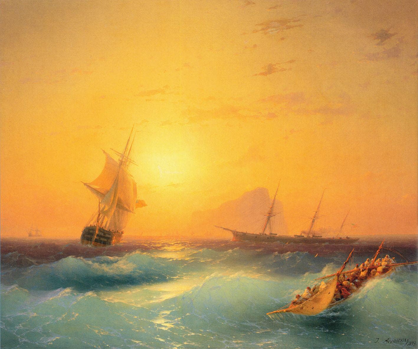 Aivazovsky Gibraltar Seascape Canvas Print with Vintage Golden Frame FOSHE ART