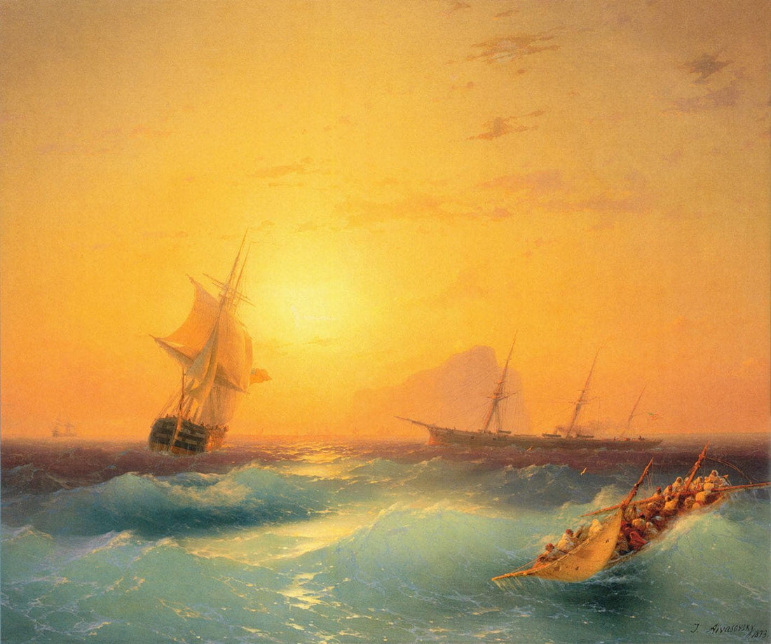 Aivazovsky Gibraltar Seascape Canvas Print with Vintage Golden Frame FOSHE ART