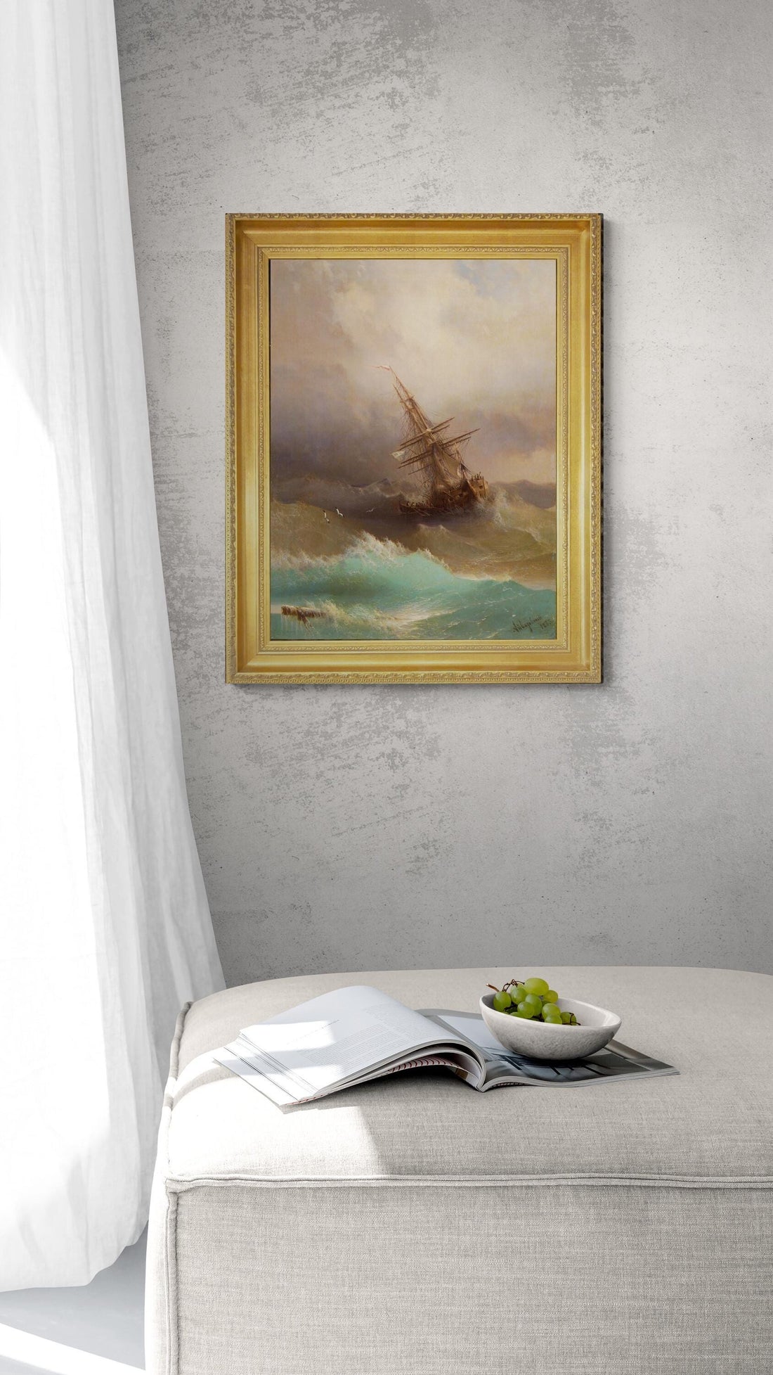Ship in the stormy Sea by Aivazovsky 1887 Gliclée canvas premium print with brush strokes and golden vintageous frame, looks like original FOSHE ART