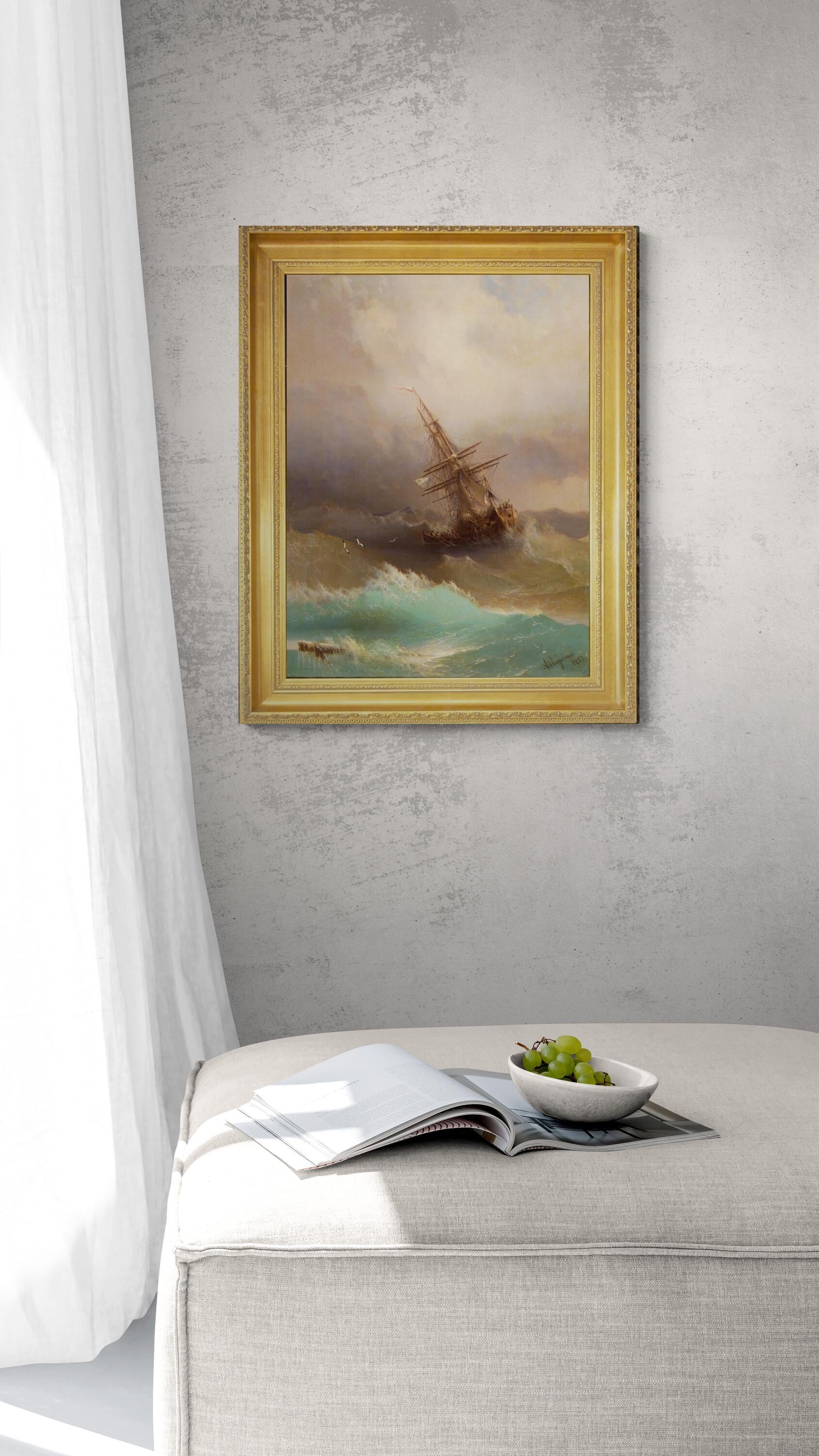 Aivazovsky "Ship in Stormy Sea" Canvas Print, Golden Vintage Frame FOSHE ART