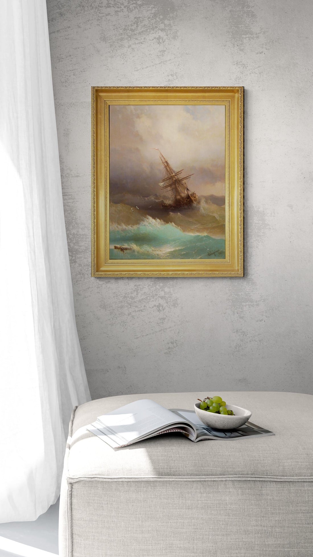 Aivazovsky "Ship in Stormy Sea" Canvas Print, Golden Vintage Frame FOSHE ART