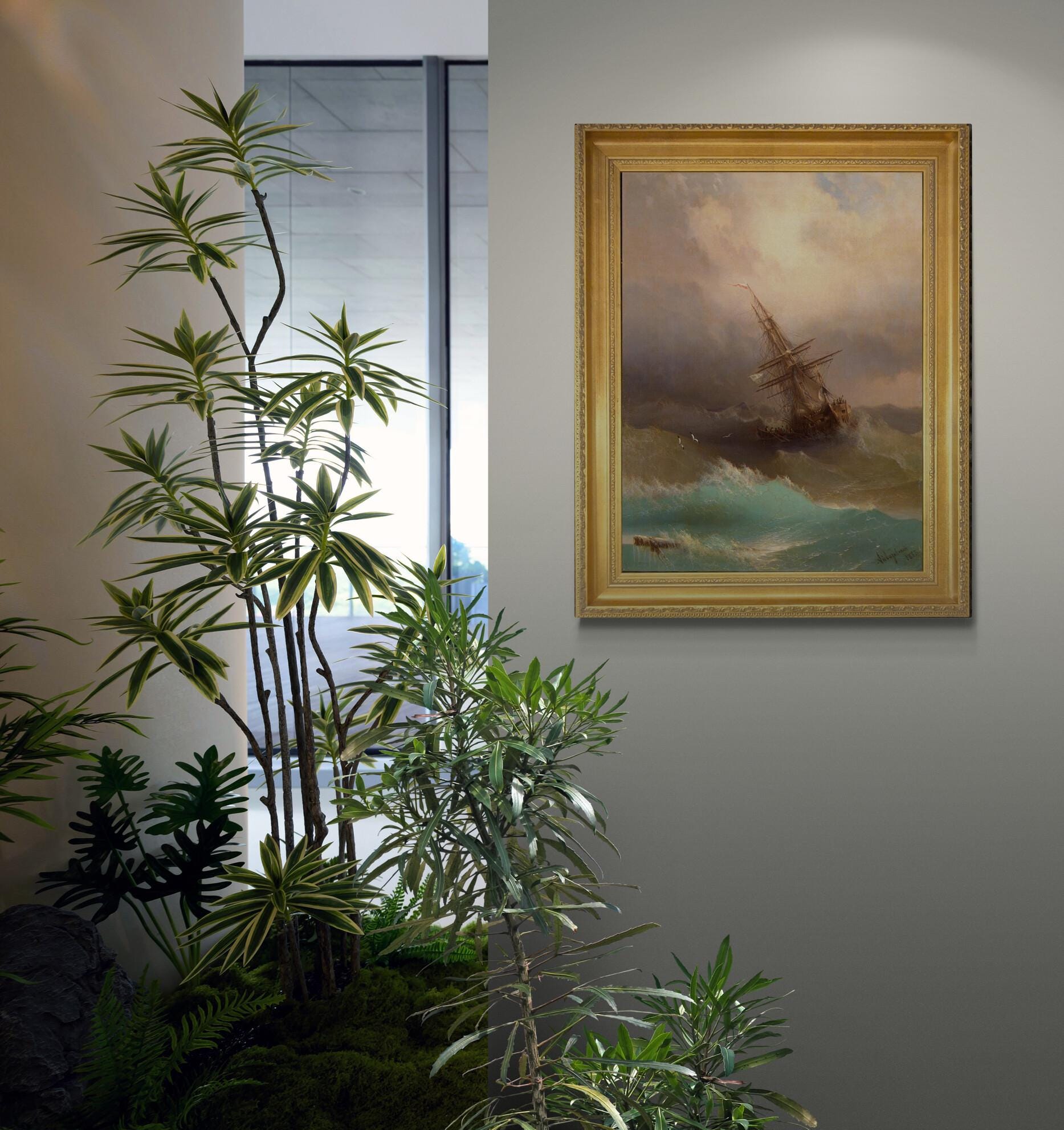 Ship in the stormy Sea by Aivazovsky 1887 Gliclée canvas premium print with brush strokes and golden vintageous frame, looks like original FOSHE ART