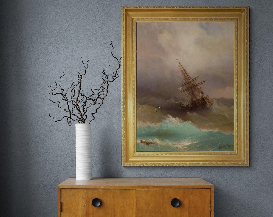 Aivazovsky "Ship in Stormy Sea" Canvas Print, Golden Vintage Frame FOSHE ART