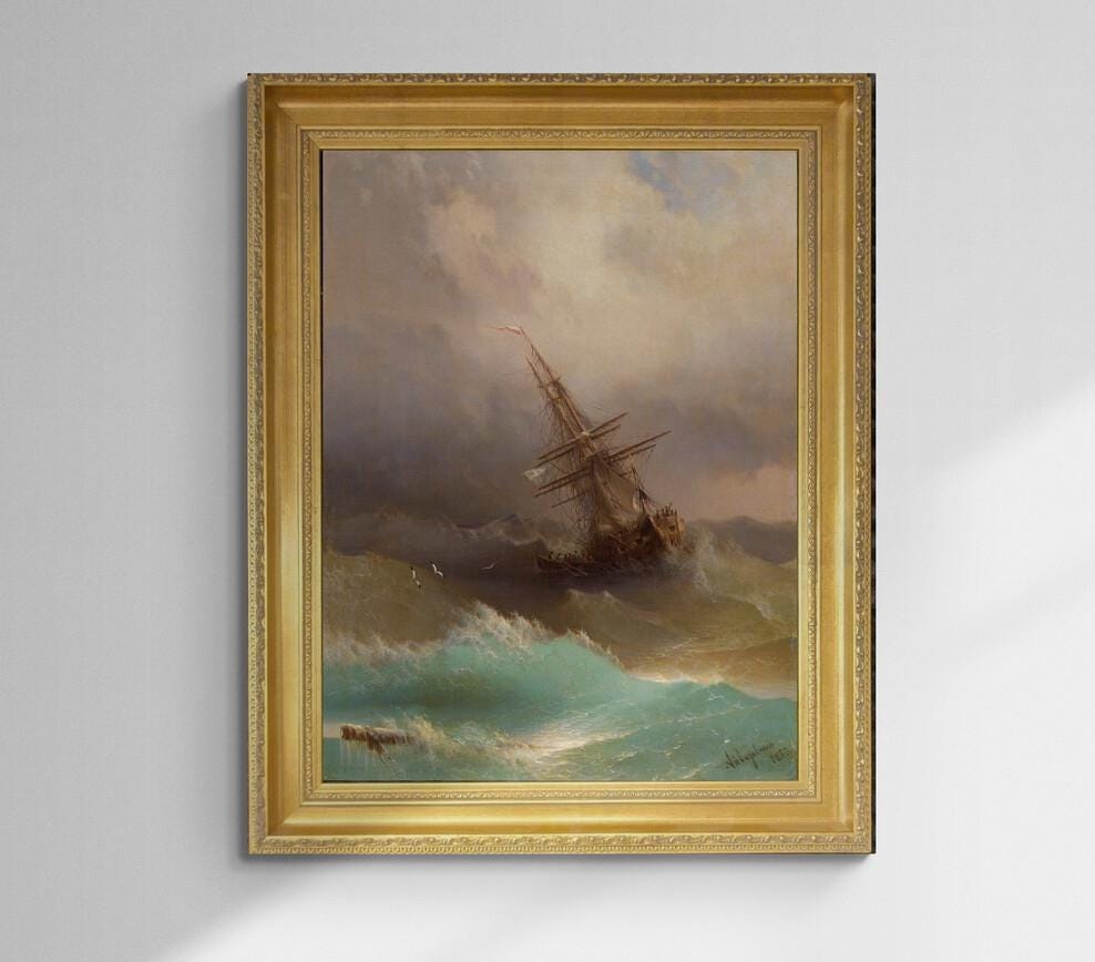 Aivazovsky "Ship in Stormy Sea" Canvas Print, Golden Vintage Frame FOSHE ART