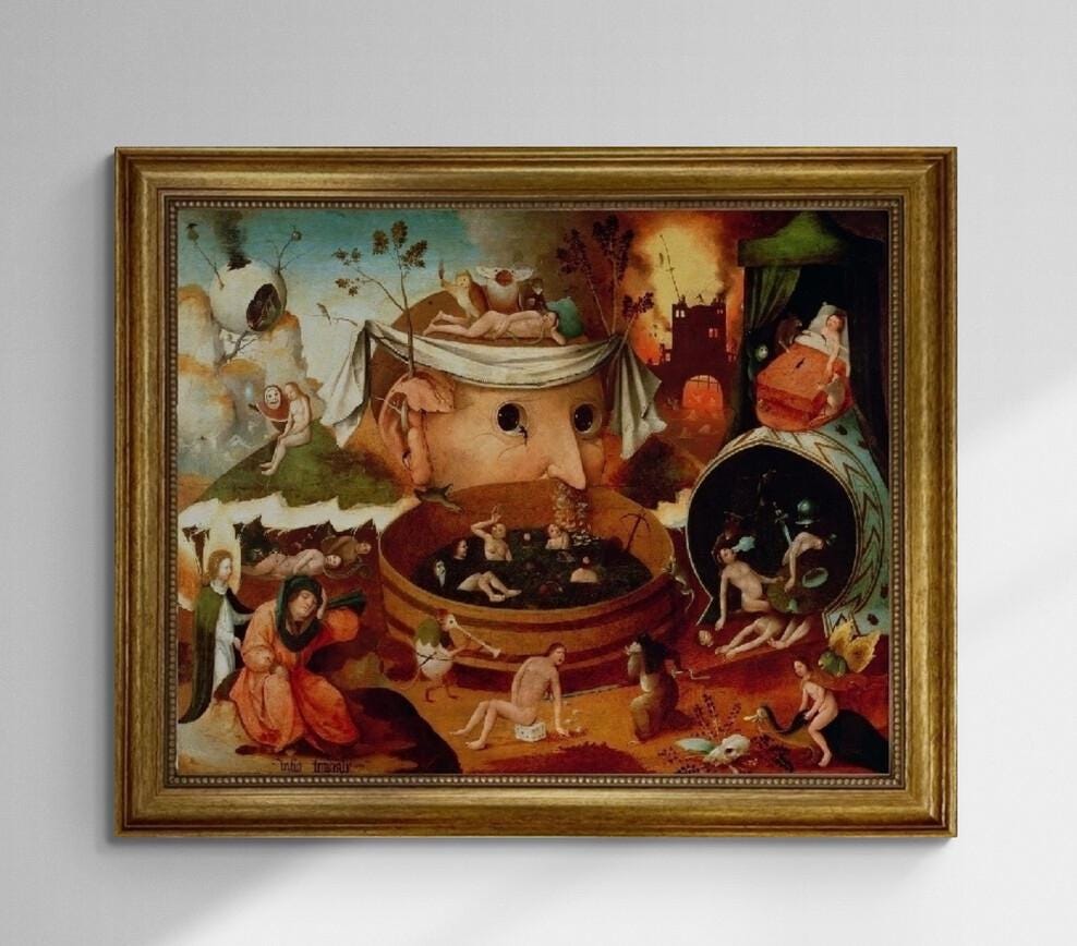 Tondals Vision by Bosch , Gliclee canvas 3D hand finished premium print with brush strokes and golden vintageous frame, looks like original FOSHE ART