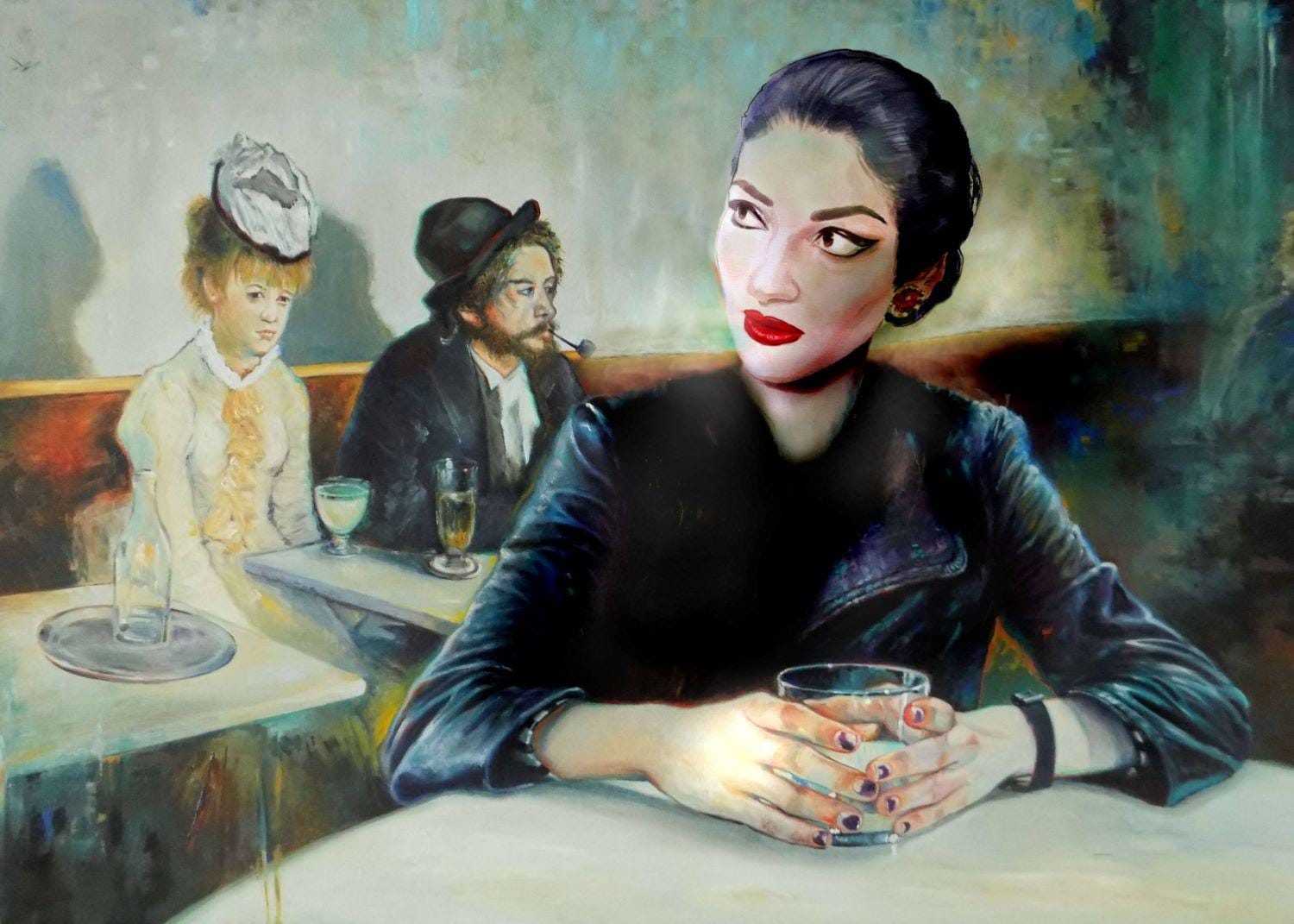 Unique Portrait of Maria Callas transformed into the famous painting 'In a Café' by Degas, framed 3D canvas premium print with brush stroke FOSHE ART