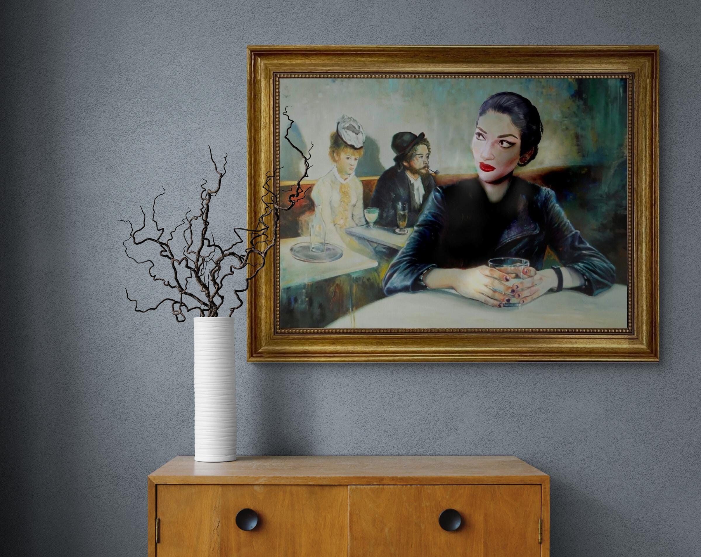 Unique Portrait of Maria Callas transformed into the famous painting 'In a Café' by Degas, framed 3D canvas premium print with brush stroke FOSHE ART