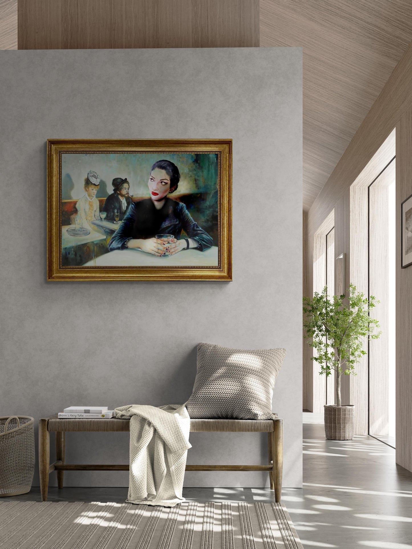 Unique Portrait of Maria Callas transformed into the famous painting 'In a Café' by Degas, framed 3D canvas premium print with brush stroke FOSHE ART