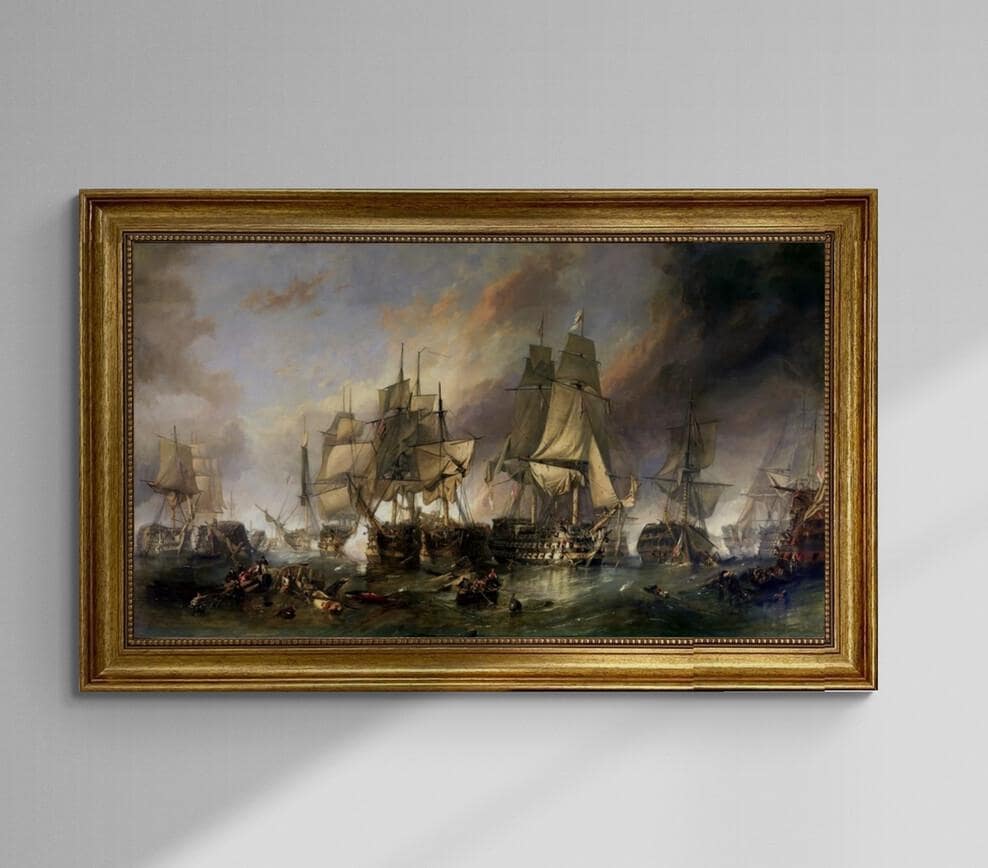 Battle of Trafalgar William Clarkson Stanfield, Hand Finished 3D Print on canvas with brush strokes + vintageous frame, looks like original FOSHE ART