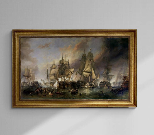 Battle of Trafalgar William Clarkson Stanfield, Hand Finished 3D Print on canvas with brush strokes + vintageous frame, looks like original FOSHE ART