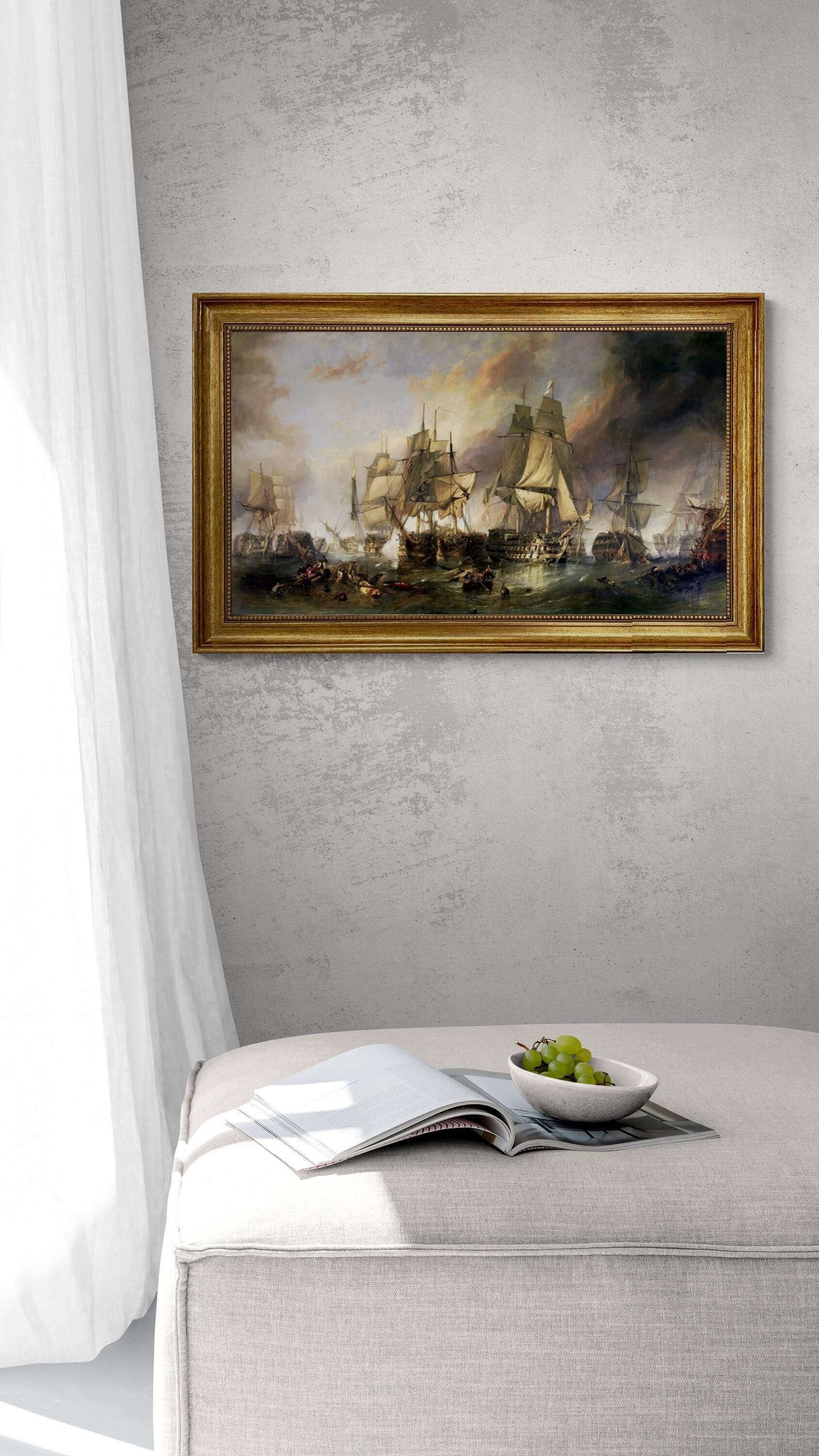 Battle of Trafalgar William Clarkson Stanfield, Hand Finished 3D Print on canvas with brush strokes + vintageous frame, looks like original FOSHE ART