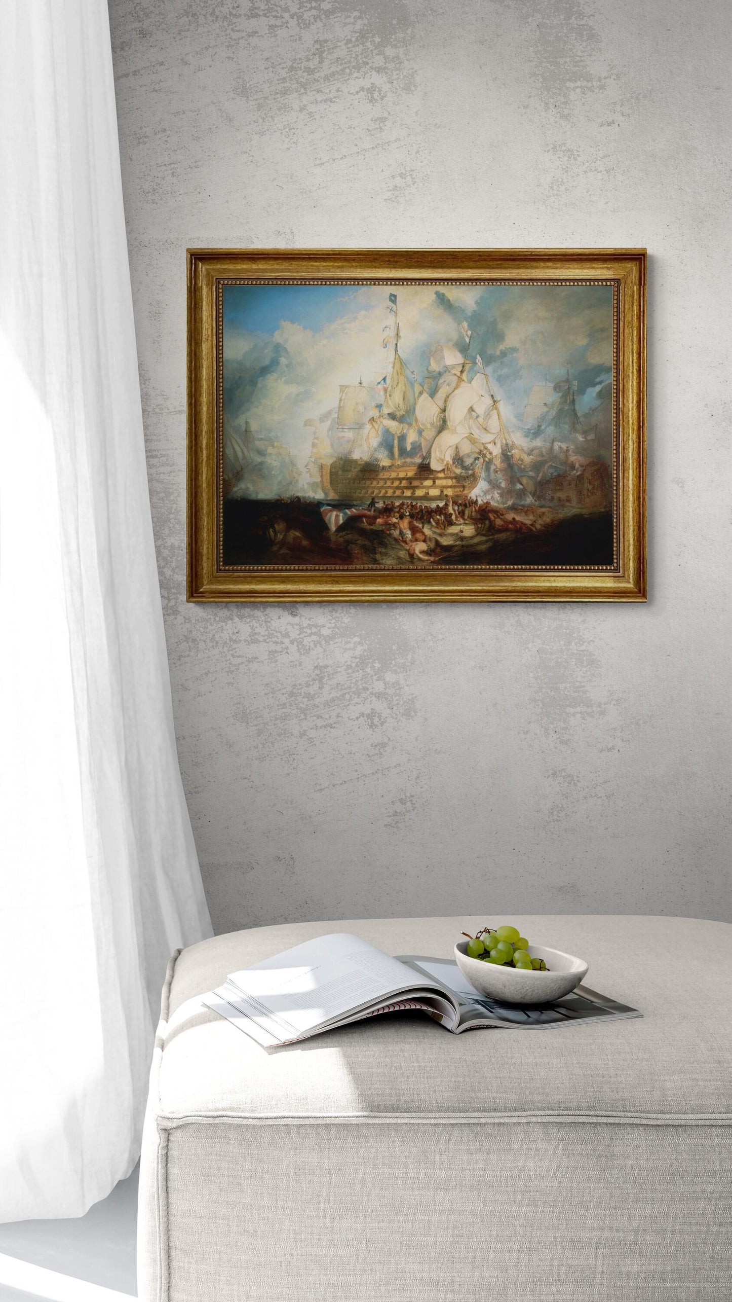 Epic Battle of Trafalgar: Naval Art Print by W. Turner | real art canvas with hand-applied brush strokes for Authentic Look | golden frame FOSHE ART