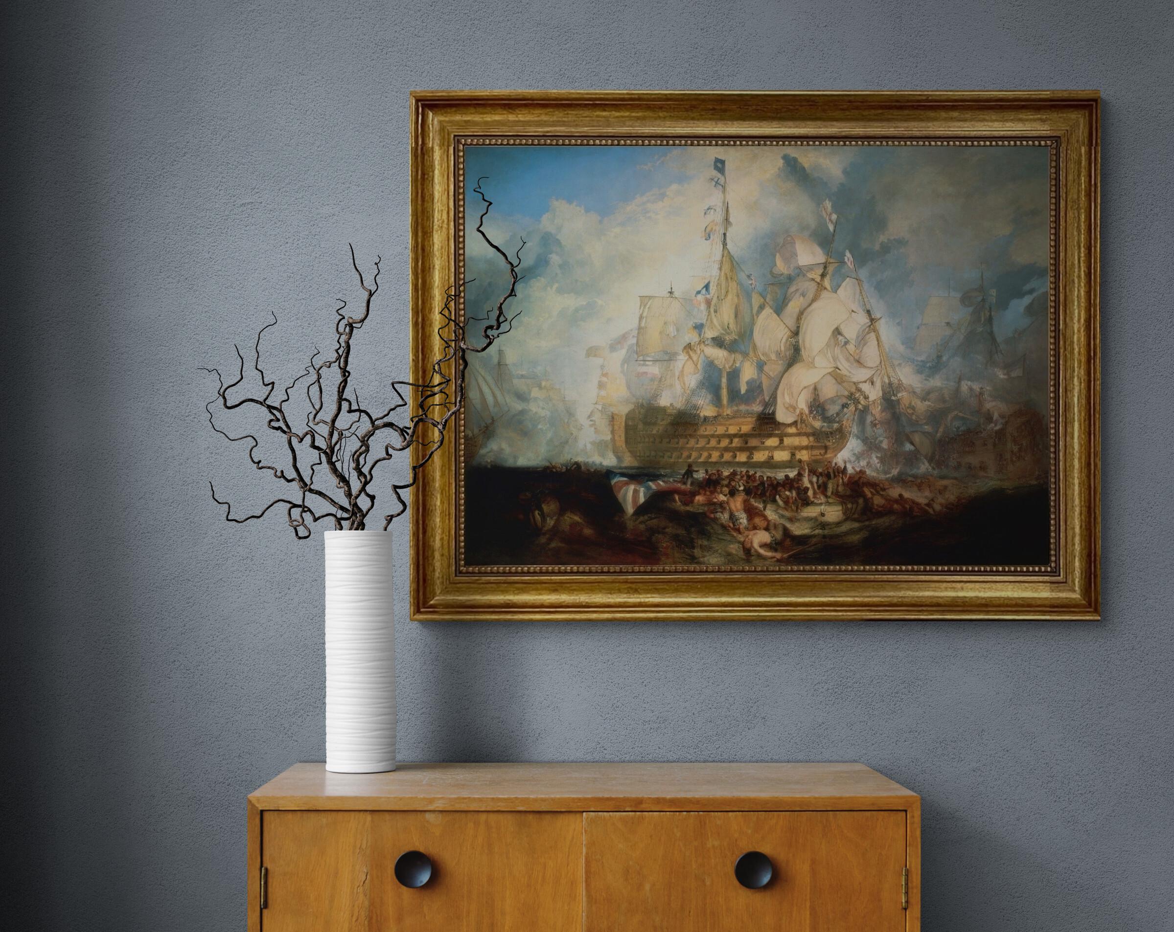 Epic Battle of Trafalgar: Naval Art Print by W. Turner | real art canvas with hand-applied brush strokes for Authentic Look | golden frame FOSHE ART