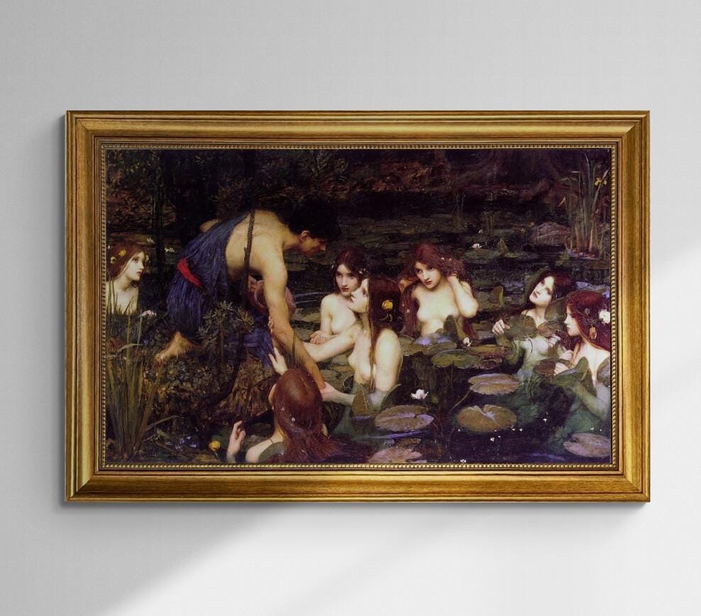 Hylas and the Nymphs Canvas Print: Brush Stroke Texture, Vintage Gold Frame FOSHE ART