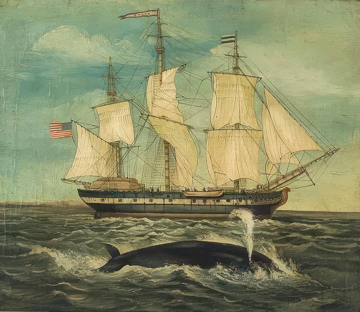 American Whaling Ship & Sperm Whale Canvas Print, Hand Finished FOSHE ART