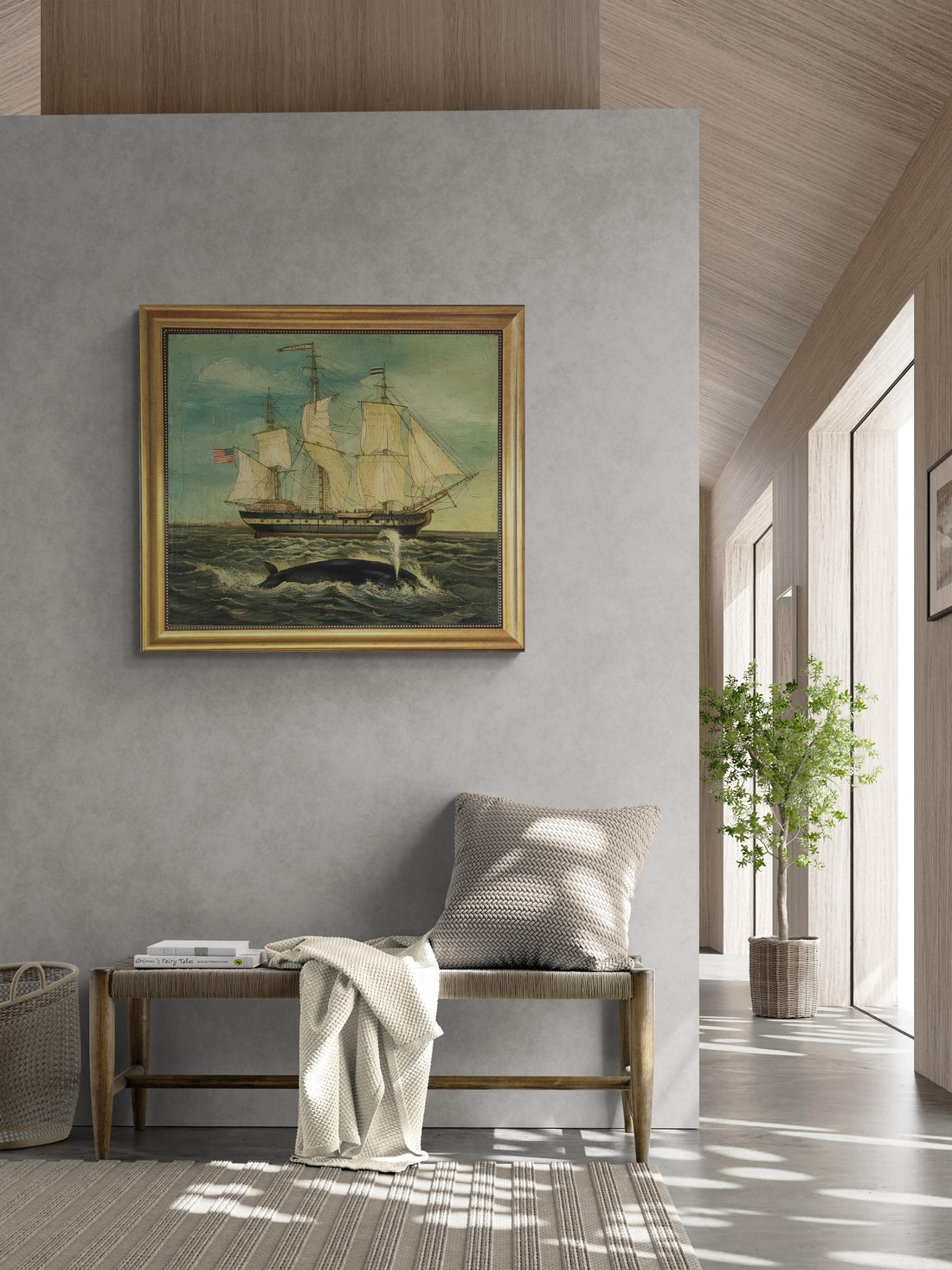 American Whaling Ship With Sperm Whale Framed Premium Print on Canvas, Hand finished  with brush strokes looks like original oil painting FOSHE ART