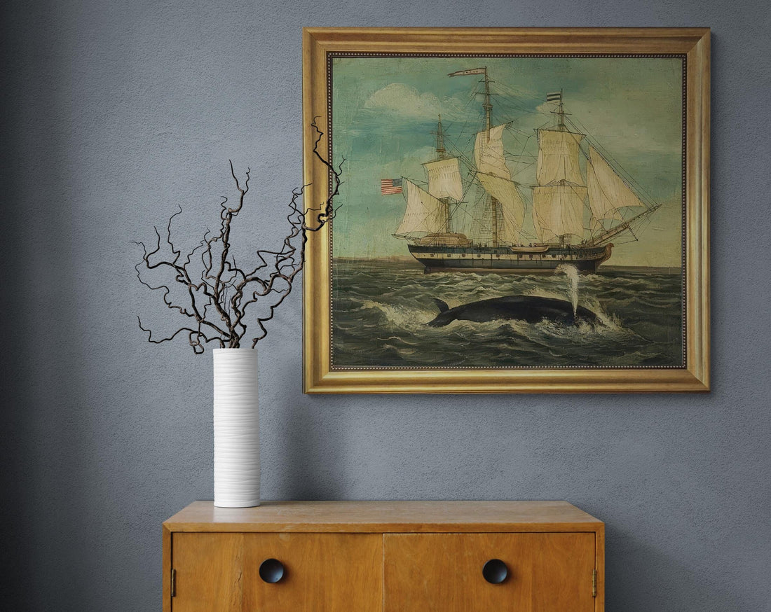 American Whaling Ship With Sperm Whale Framed Premium Print on Canvas, Hand finished  with brush strokes looks like original oil painting FOSHE ART