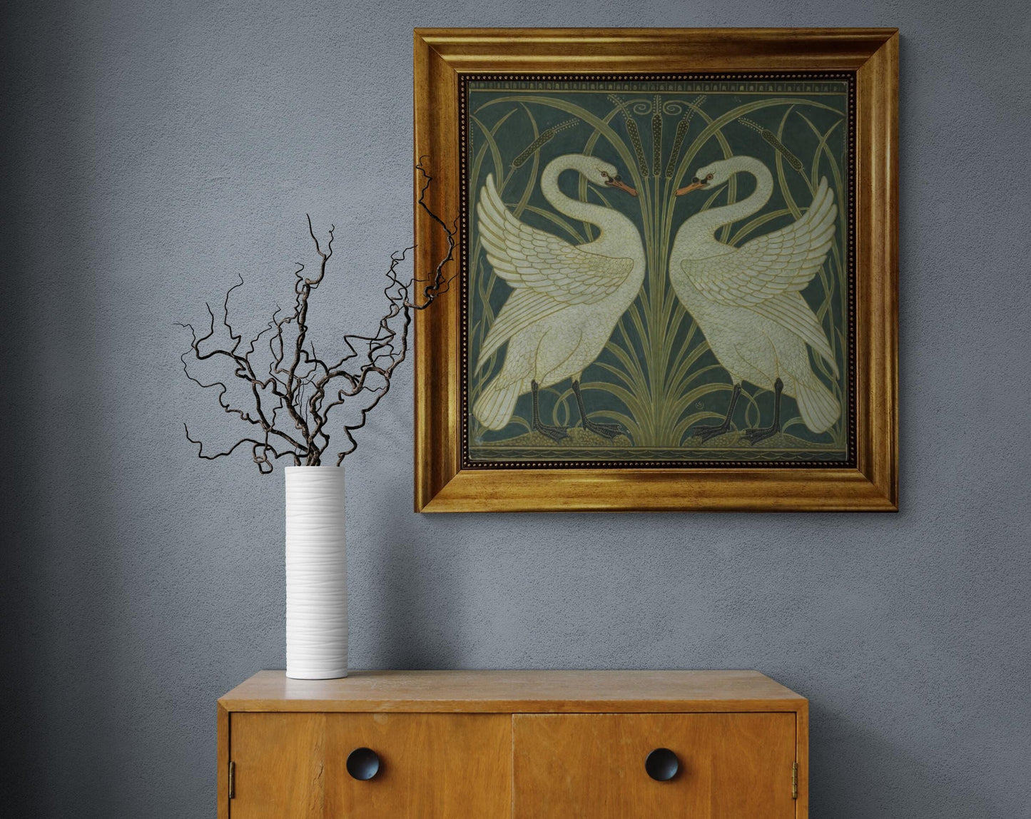 Two White Swans by Walter Crane, Vintage  Gliclée canvas premium print with brush stroke and golden vintageous frame looks like original art FOSHE ART