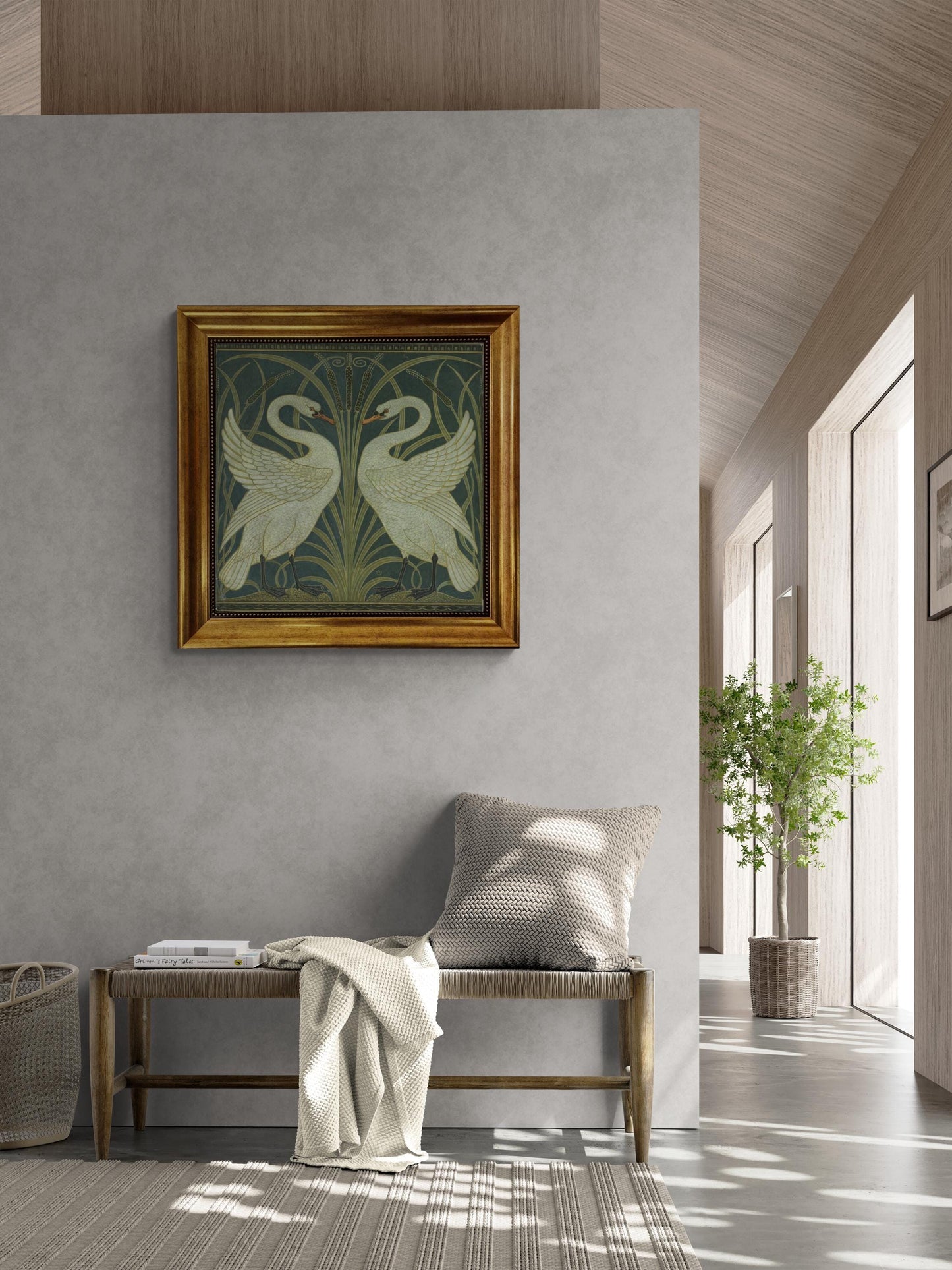 Two White Swans by Walter Crane, Vintage  Gliclée canvas premium print with brush stroke and golden vintageous frame looks like original art FOSHE ART