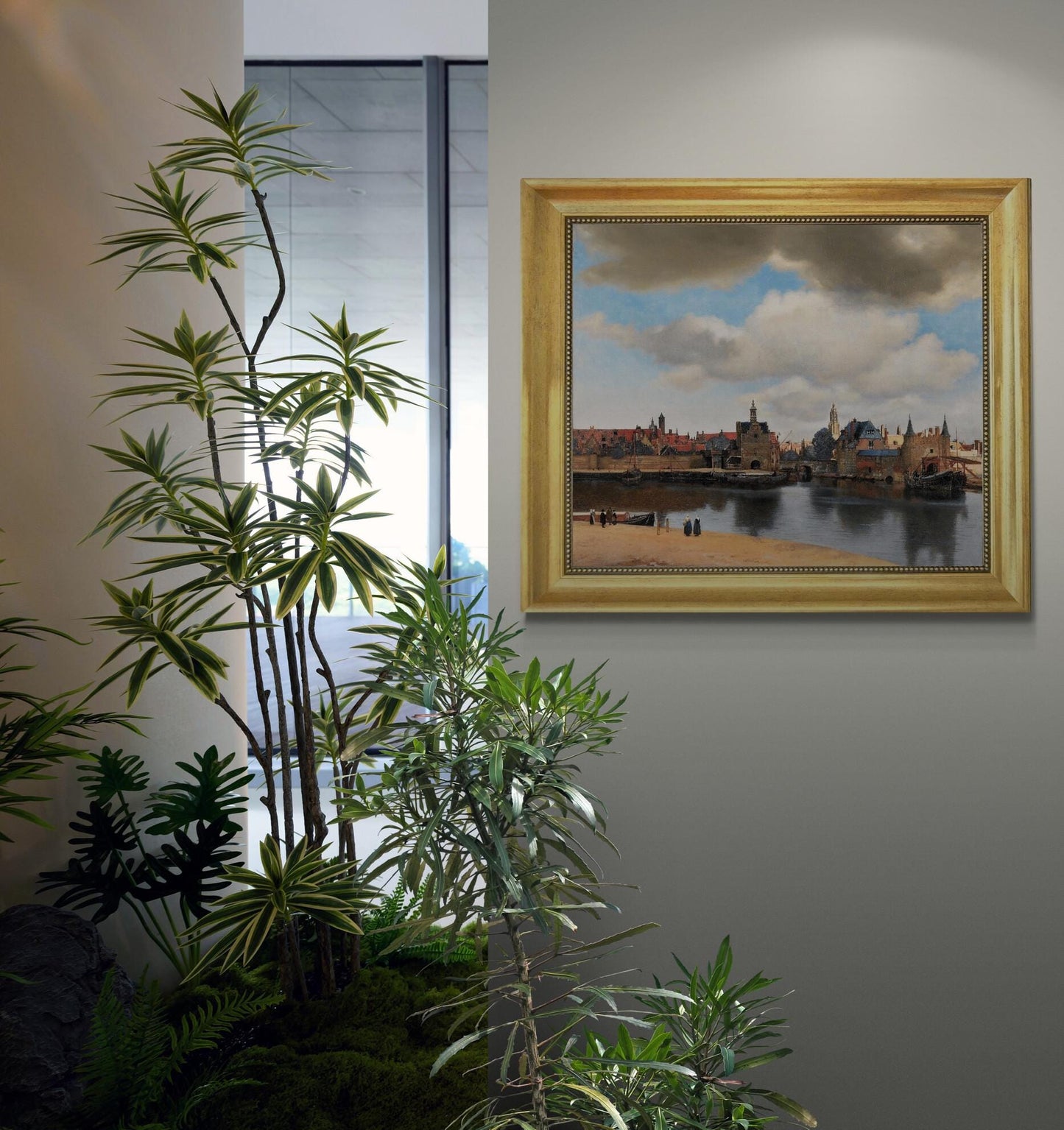 Johannes Vermeer View of Delft Gliclée canvas hand finished premium print with brush strokes and golden vintageous frame looks like original FOSHE ART