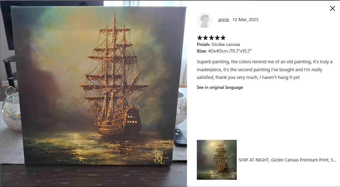 Tall Ship Giclée Canvas Print, Moonlit Seascape, Ready to Hang FOSHE ART