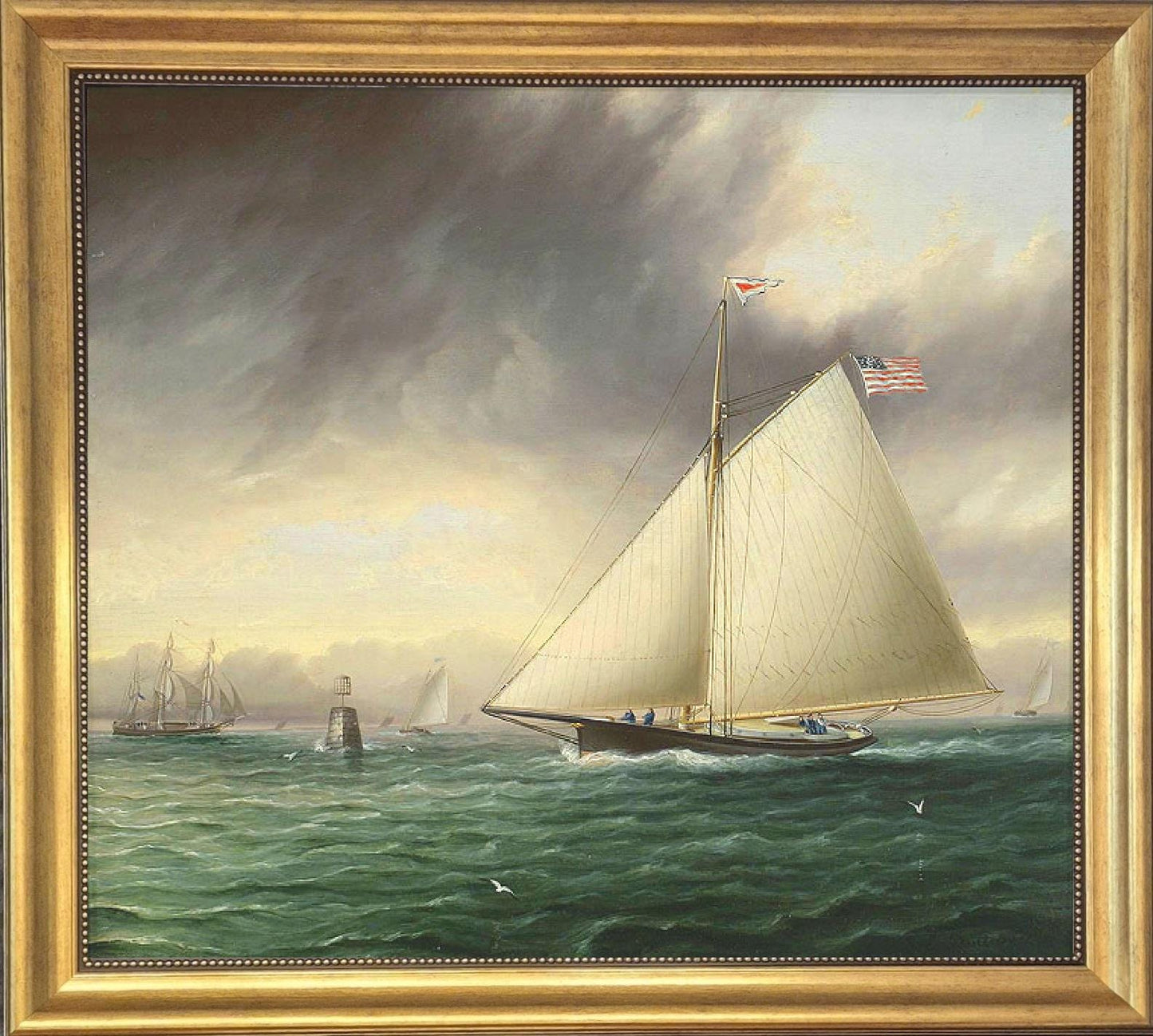 Racing Sloop Whistler Off Bowditch Ledge Salem: Framed Oil Painting Print on Canvas finished with brush strokes looks like original painting FOSHE ART
