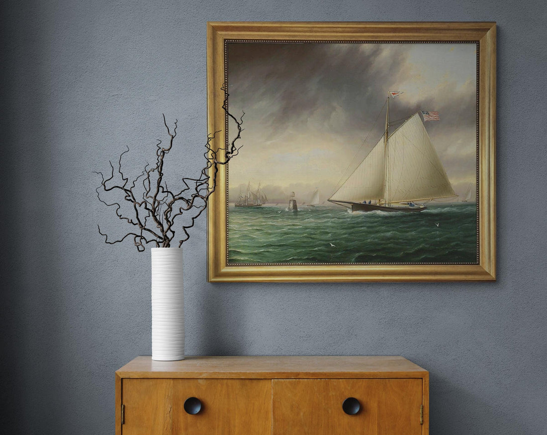 Racing Sloop Whistler Off Bowditch Ledge Salem: Framed Oil Painting Print on Canvas finished with brush strokes looks like original painting FOSHE ART