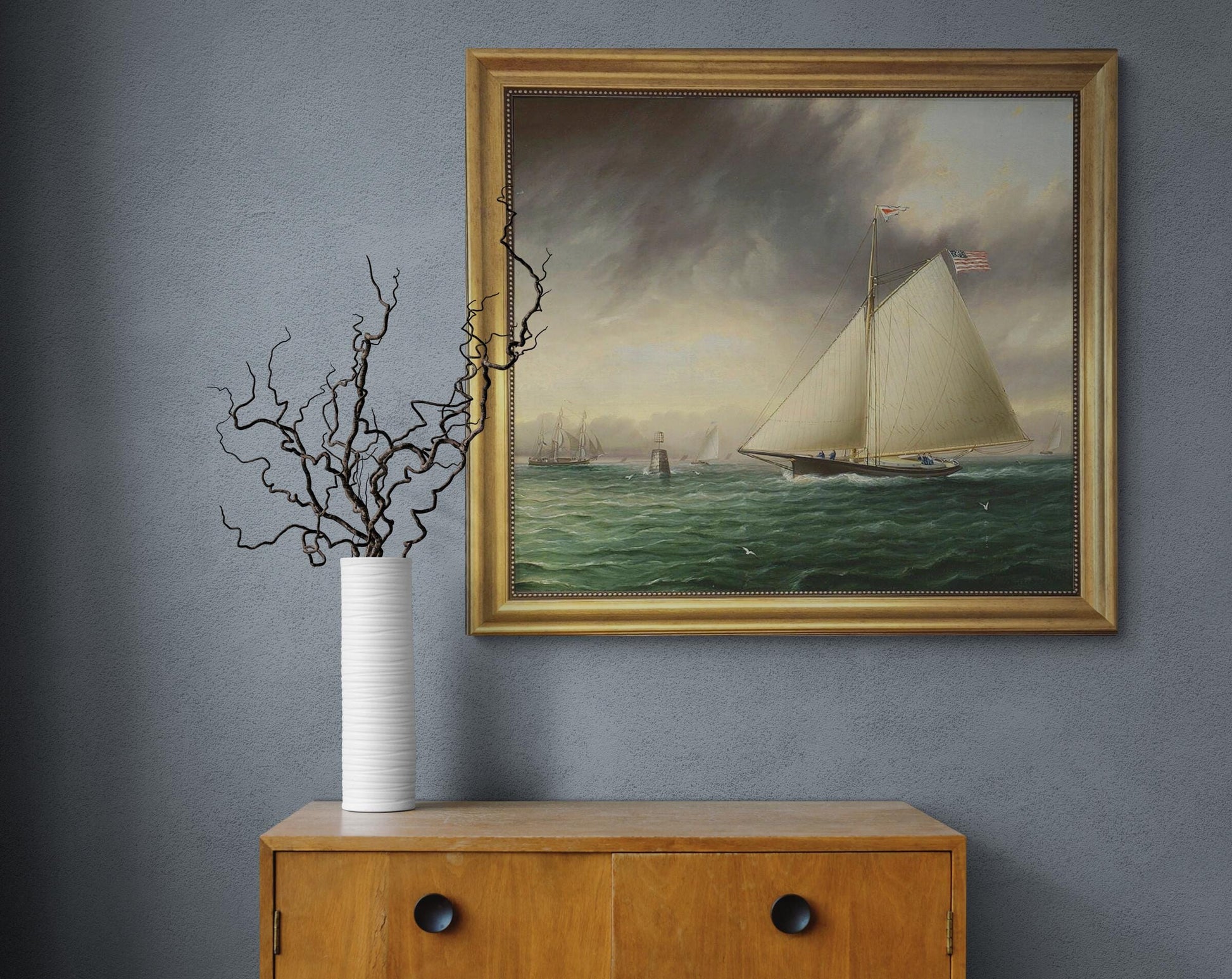Racing Sloop Whistler Off Bowditch Ledge Salem: Framed Oil Painting Print on Canvas finished with brush strokes looks like original painting FOSHE ART
