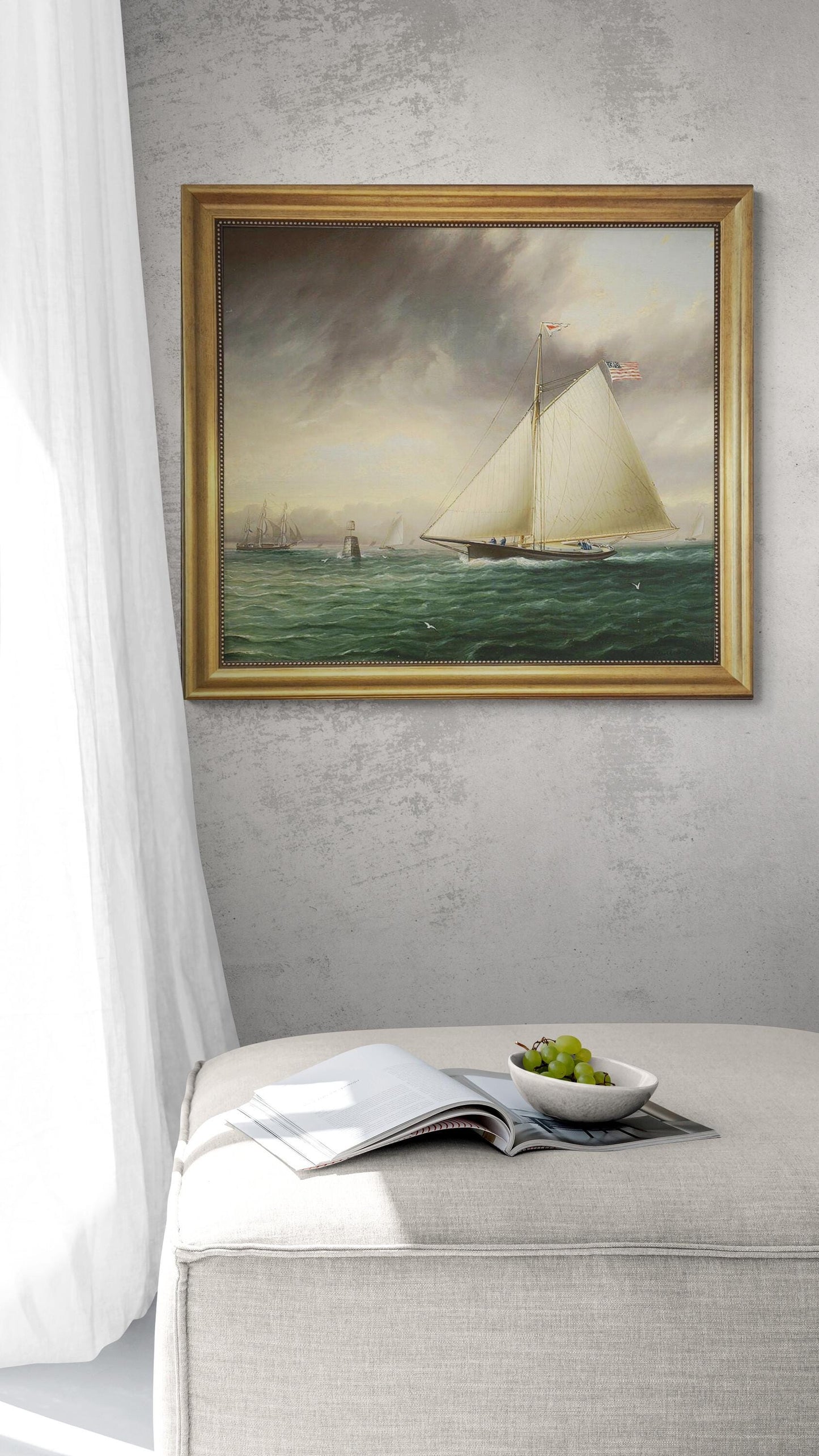 Racing Sloop Whistler Off Bowditch Ledge Salem: Framed Oil Painting Print on Canvas finished with brush strokes looks like original painting FOSHE ART