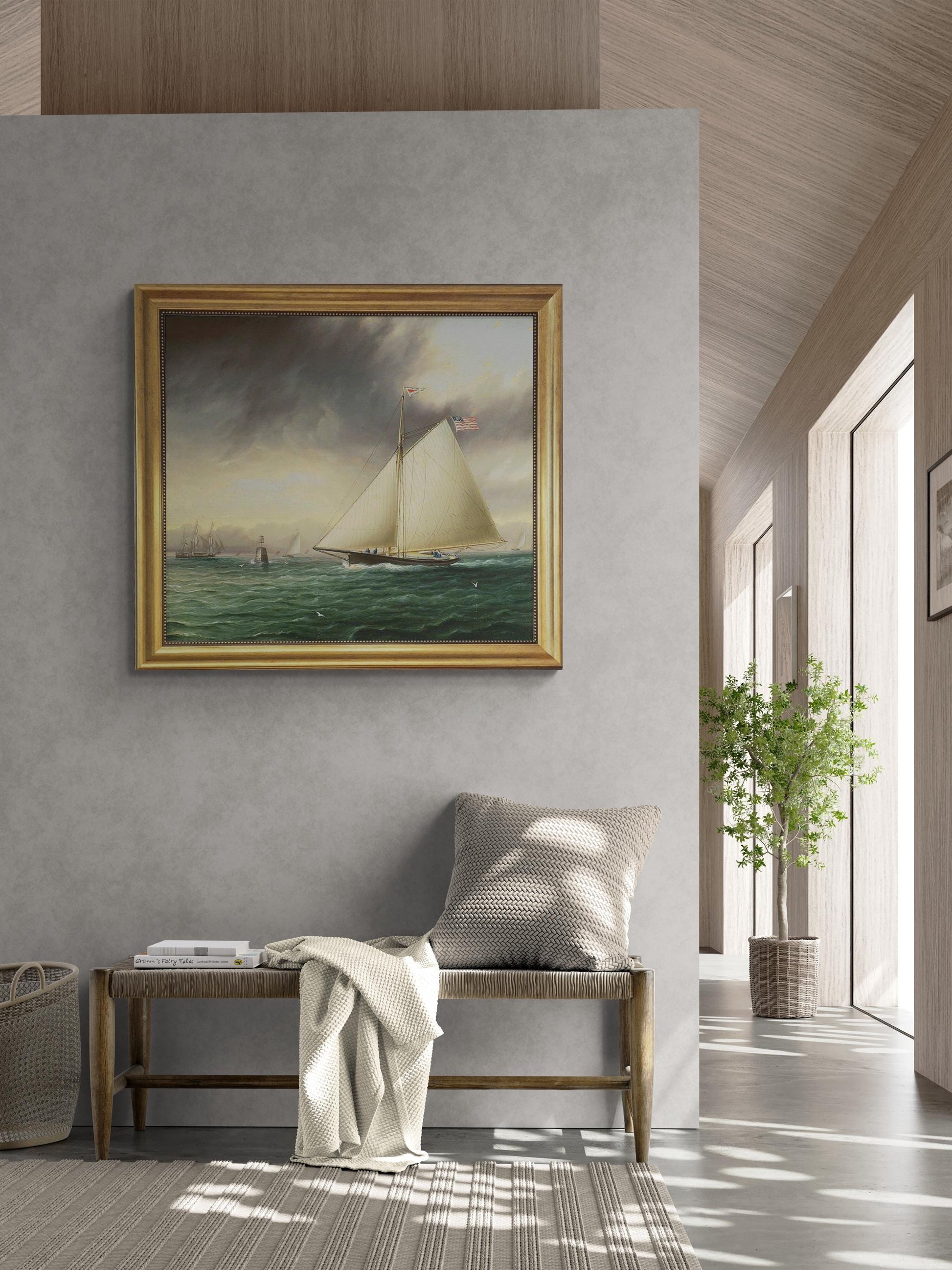 Racing Sloop Whistler Off Bowditch Ledge Salem: Framed Oil Painting Print on Canvas finished with brush strokes looks like original painting FOSHE ART