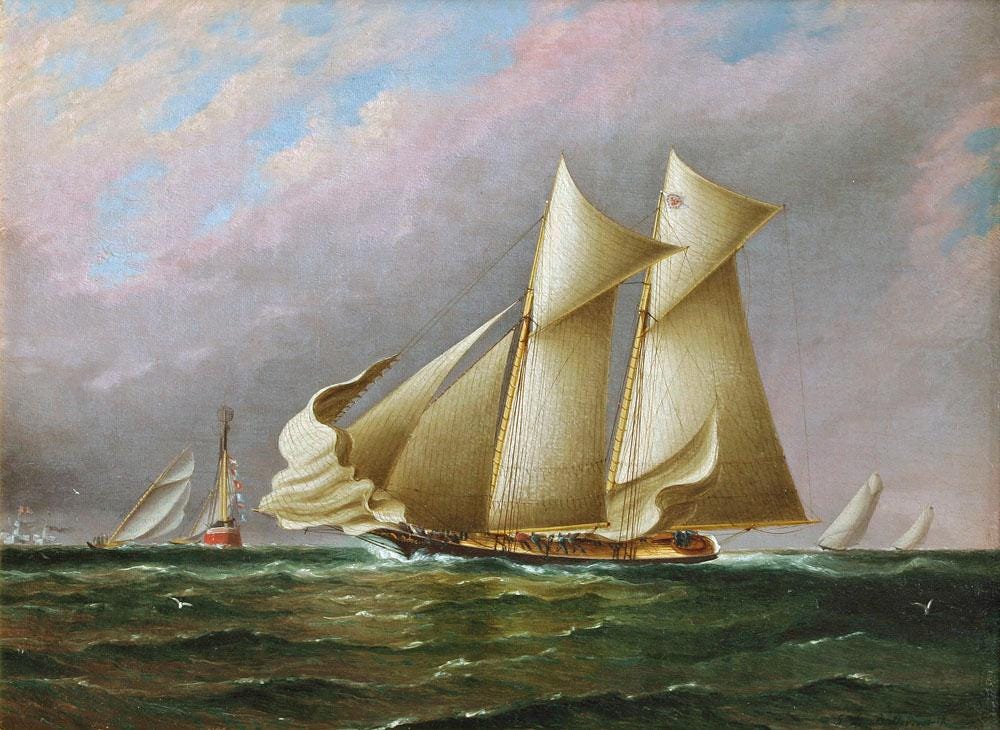 Schooner Idler Painting, New York Yacht Club Regatta, Vintage Golden Frame Canvas Print FOSHE ART