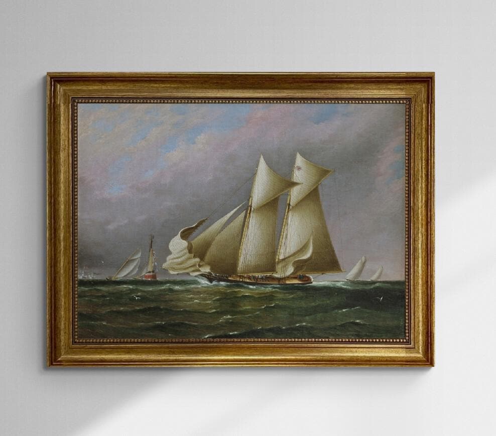 Schooner Idler Painting, New York Yacht Club Regatta, Vintage Golden Frame Canvas Print FOSHE ART