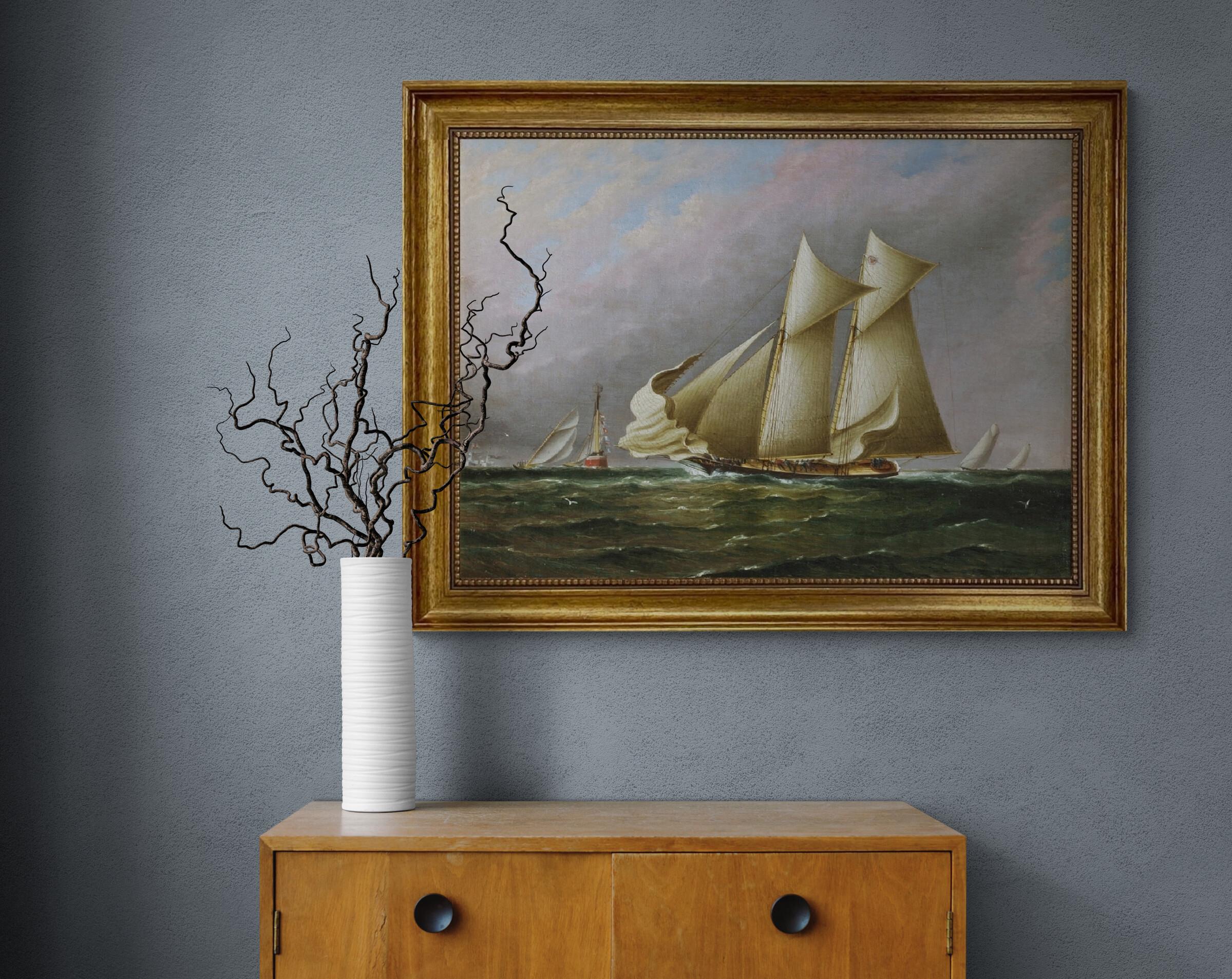 Schooner Idler Painting, New York Yacht Club Regatta, Vintage Golden Frame Canvas Print FOSHE ART