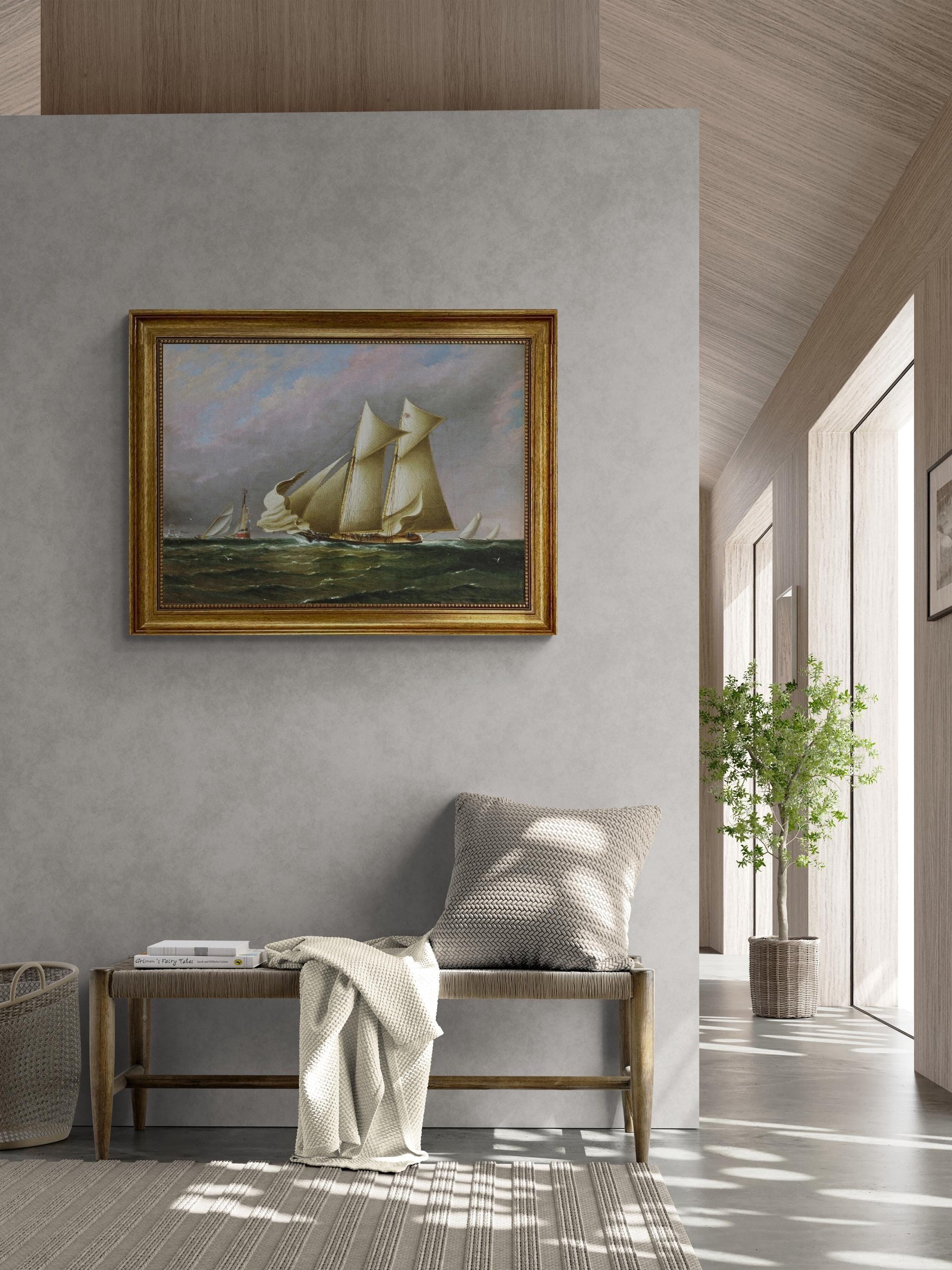 Schooner Idler, New York Yacht Club Regatta, 3D canvas premium print with brush strokes & vintageous frame looks like original oil painting FOSHE ART