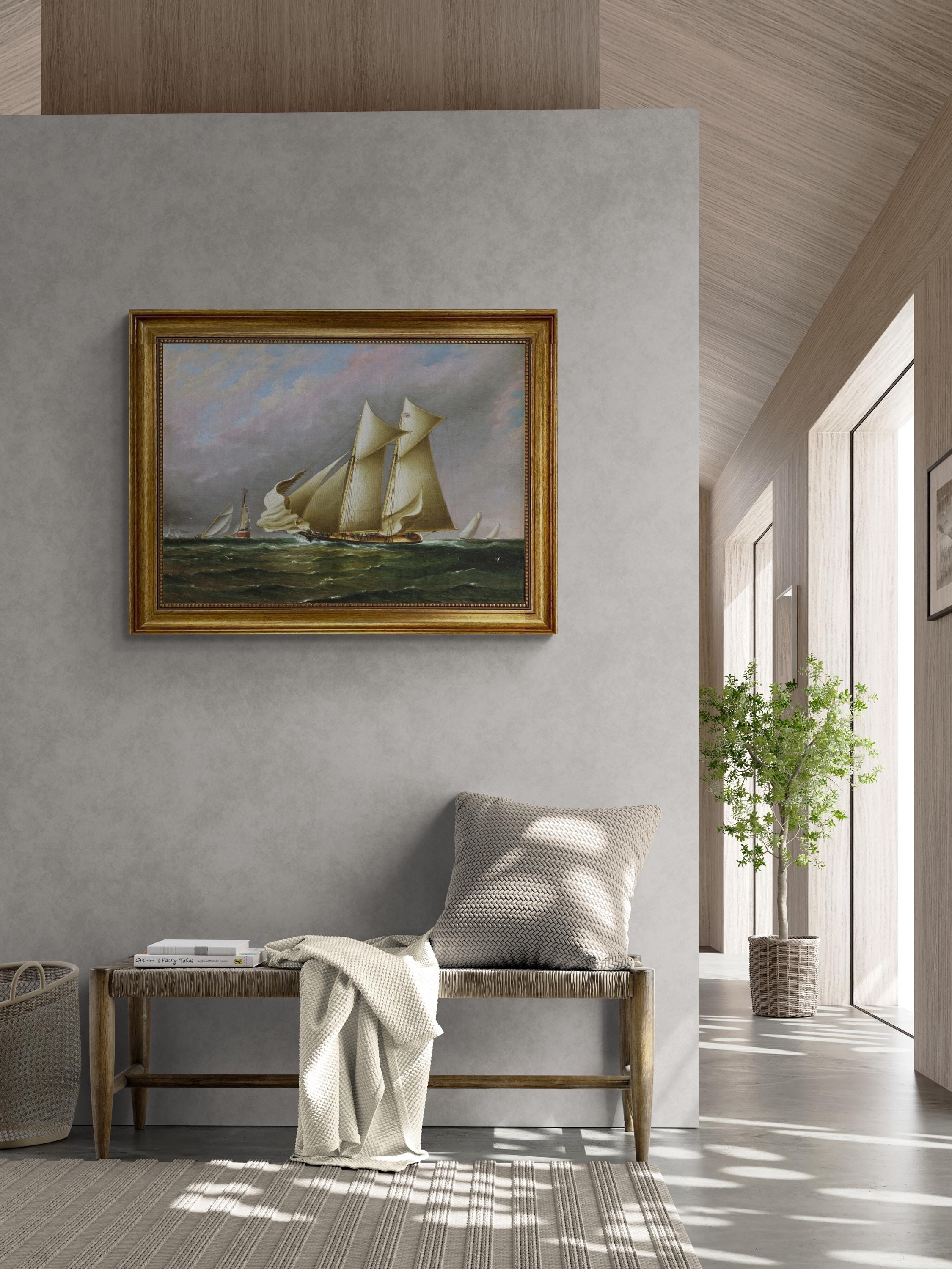 Schooner Idler Painting, New York Yacht Club Regatta, Vintage Golden Frame Canvas Print FOSHE ART