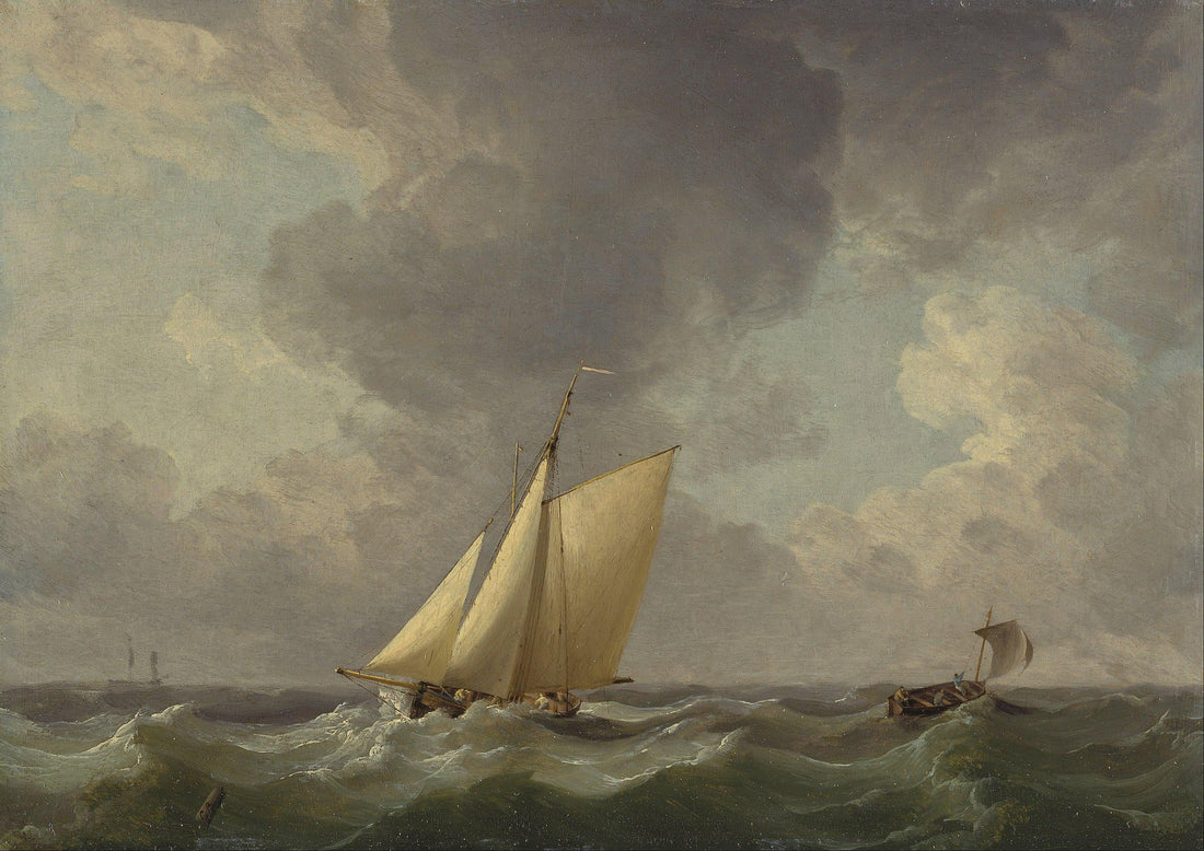 Sailing Boat Canvas Print with Brush Strokes, Stormy Sea, Vintage Golden Frame, FOSHE ART