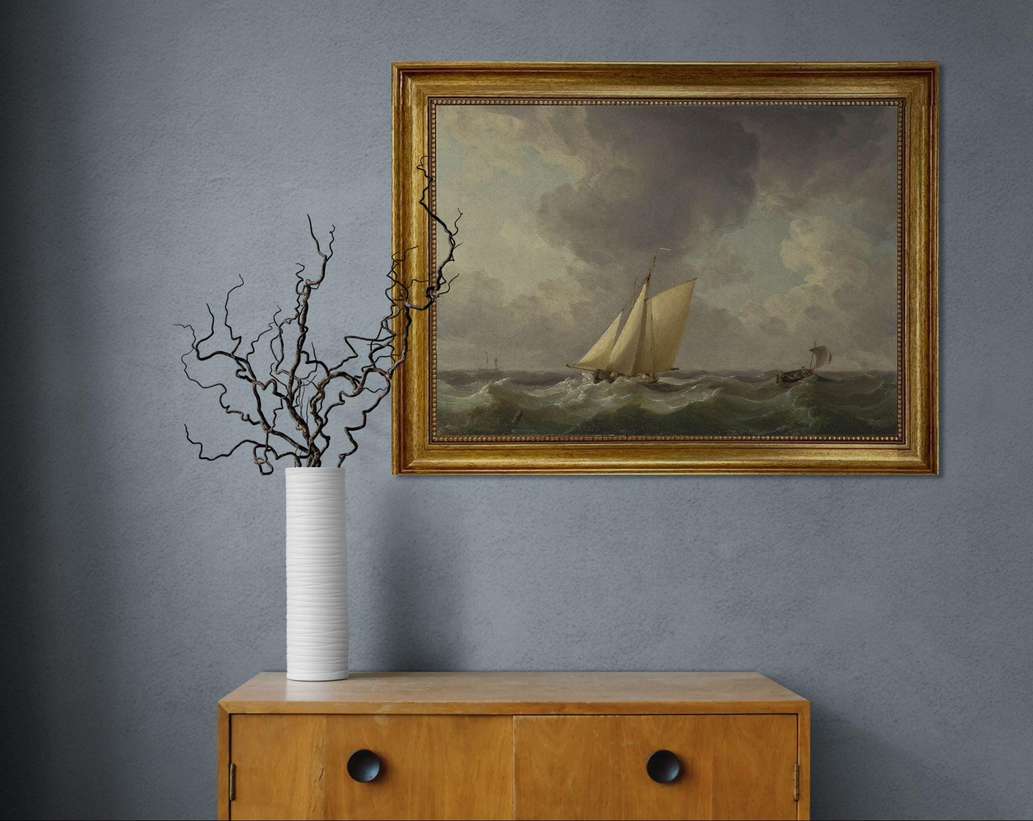 Sailing Boat Canvas Print with Brush Strokes, Stormy Sea, Vintage Golden Frame, FOSHE ART