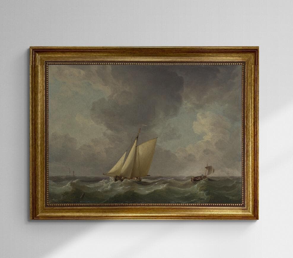 Sailing Boat Canvas Print with Brush Strokes, Stormy Sea, Vintage Golden Frame, FOSHE ART