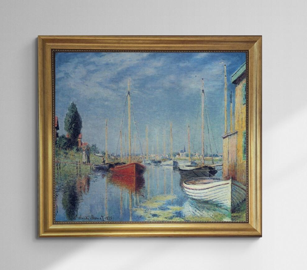 Monet Argenteuil Yachts Painting, Framed Canvas Print, Brush Strokes, Vintage Gold Frame FOSHE ART