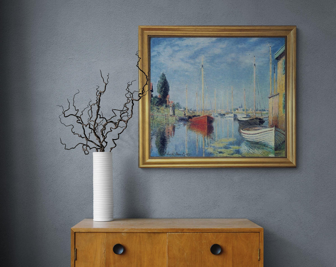 Monet Argenteuil Yachts Painting, Framed Canvas Print, Brush Strokes, Vintage Gold Frame FOSHE ART