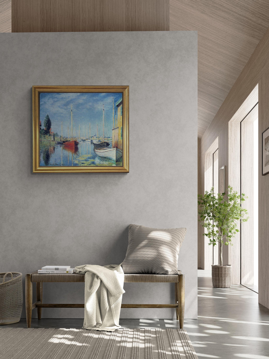 Monet Argenteuil Yachts Painting, Framed Canvas Print, Brush Strokes, Vintage Gold Frame FOSHE ART