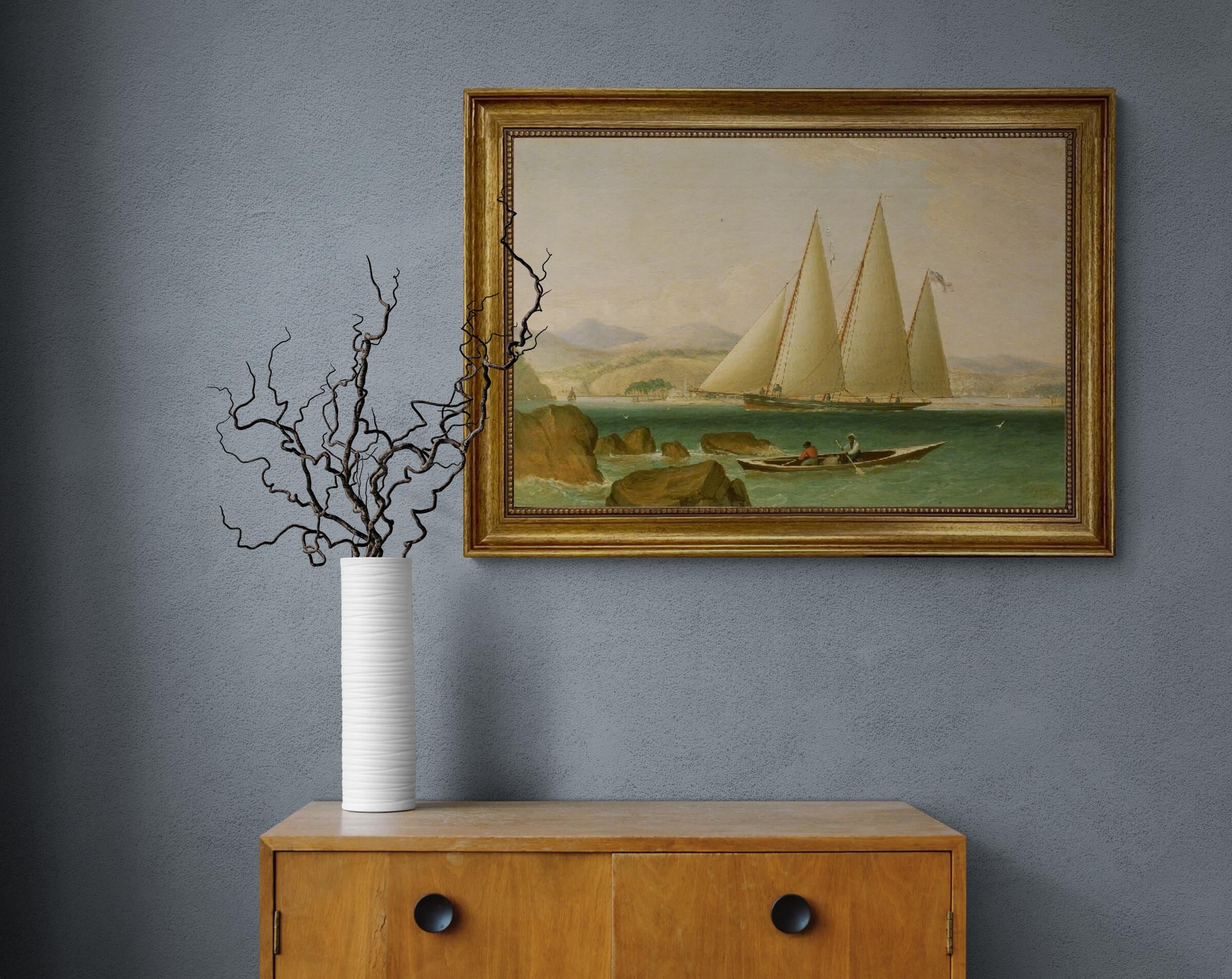 Bermuda Schooner Yacht Art Print with Vintage Golden Frame FOSHE ART