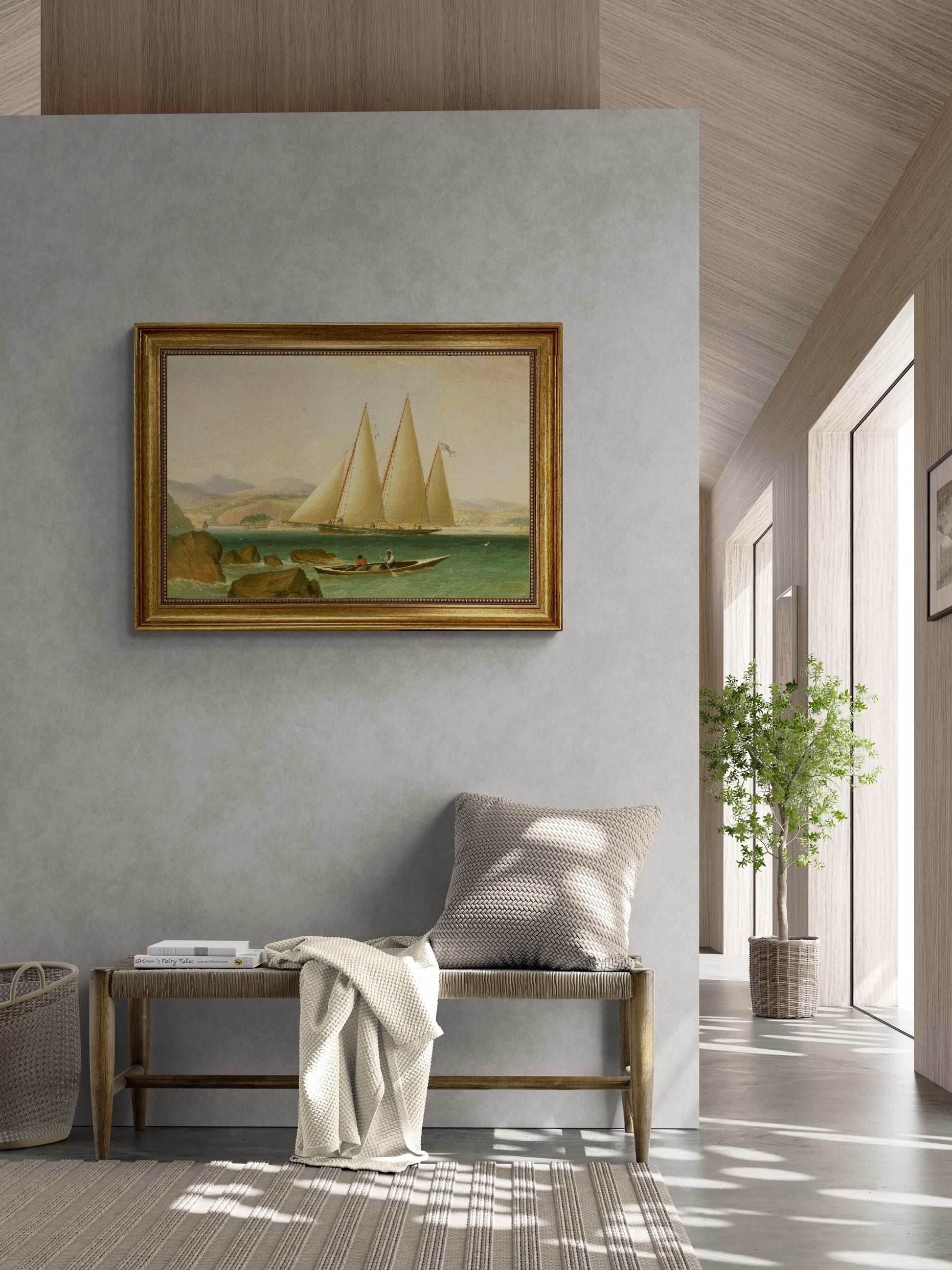 A Bermuda Schooner Yacht Offshore 3D premium canvas print hand finished with brush strokes and golden vintageous frame looks like original FOSHE ART