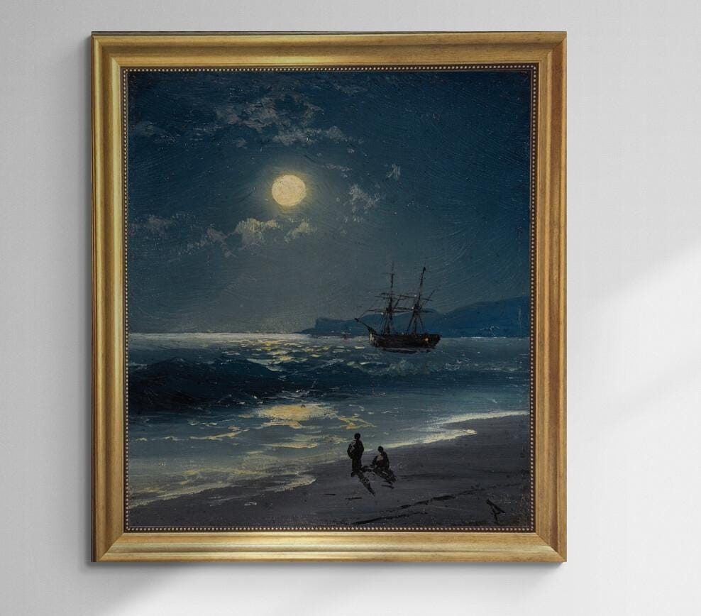 Sailing ship on calm sea by moonlight canvas hand finished premium print with brush strokes and golden vintageous frame looks like original FOSHE ART