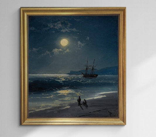 Sailing ship on calm sea by moonlight canvas hand finished premium print with brush strokes and golden vintageous frame looks like original FOSHE ART