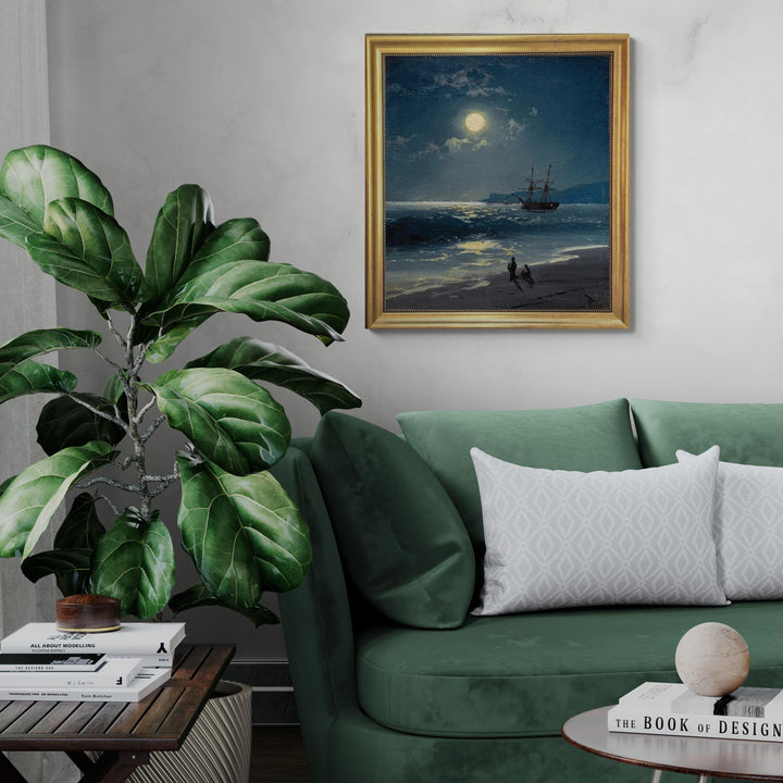 Sailing ship on calm sea by moonlight canvas hand finished premium print with brush strokes and golden vintageous frame looks like original FOSHE ART